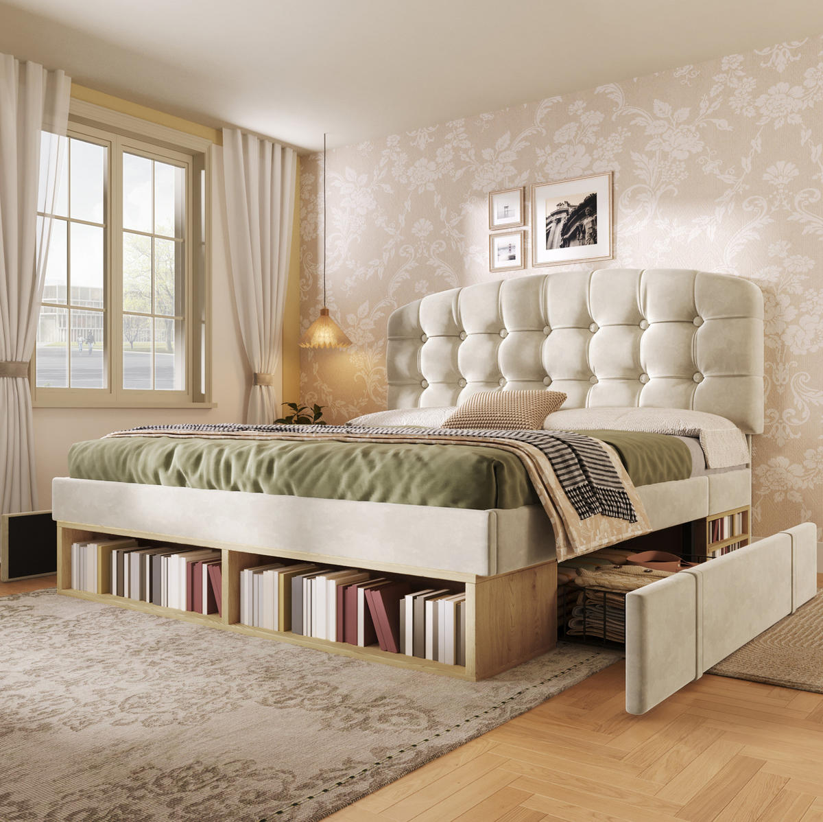 BETT mit Schubladen 140x190 cm Samt Beige - Beige, Metall (140/190cm) - Meubliv
