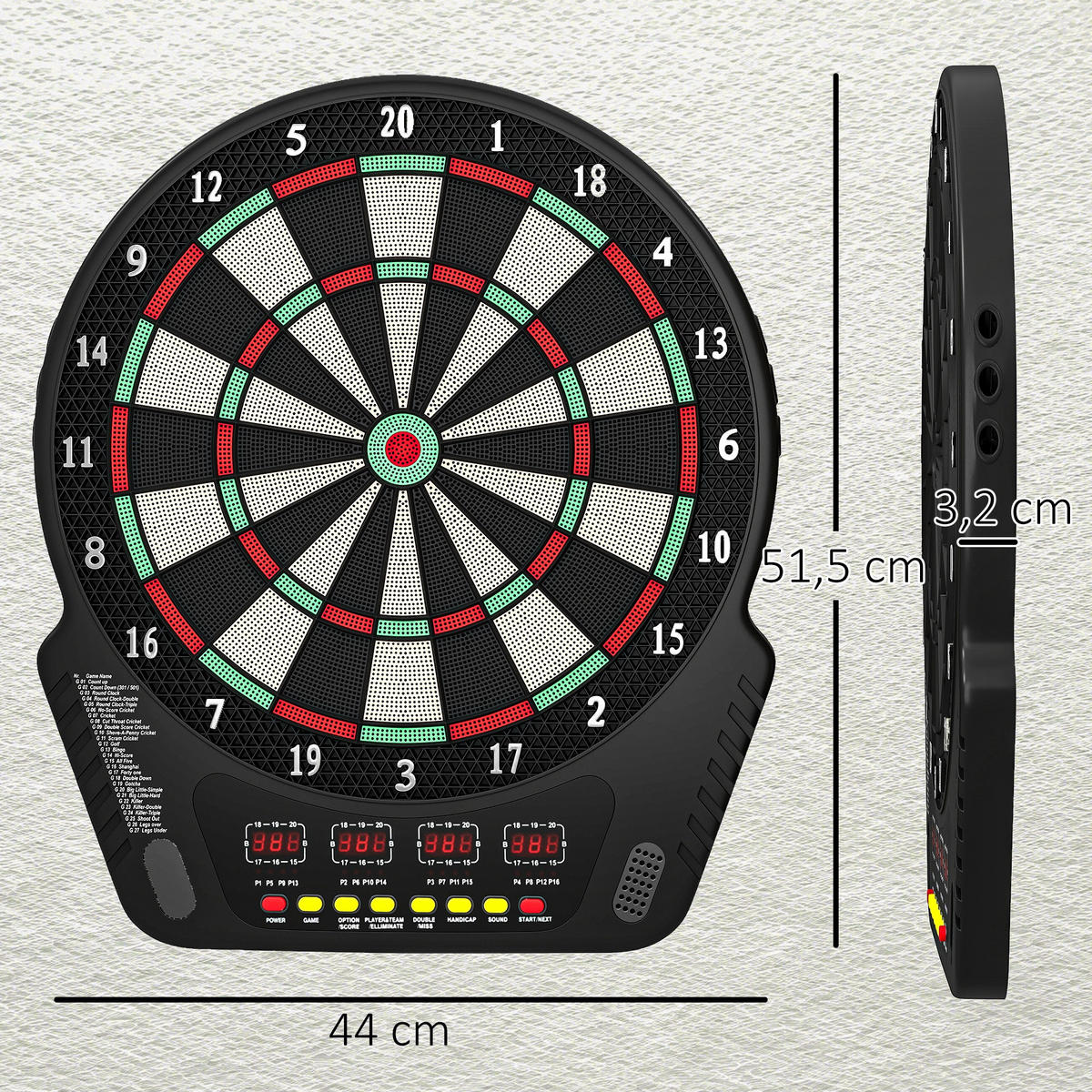 ELEKTRONISCHE Dartscheibe Dartboard Soundeffekte LED Anzeige 27 Spiele - Schwarz, Kunststoff (51.5/3.2/44cm) - HOMCOM