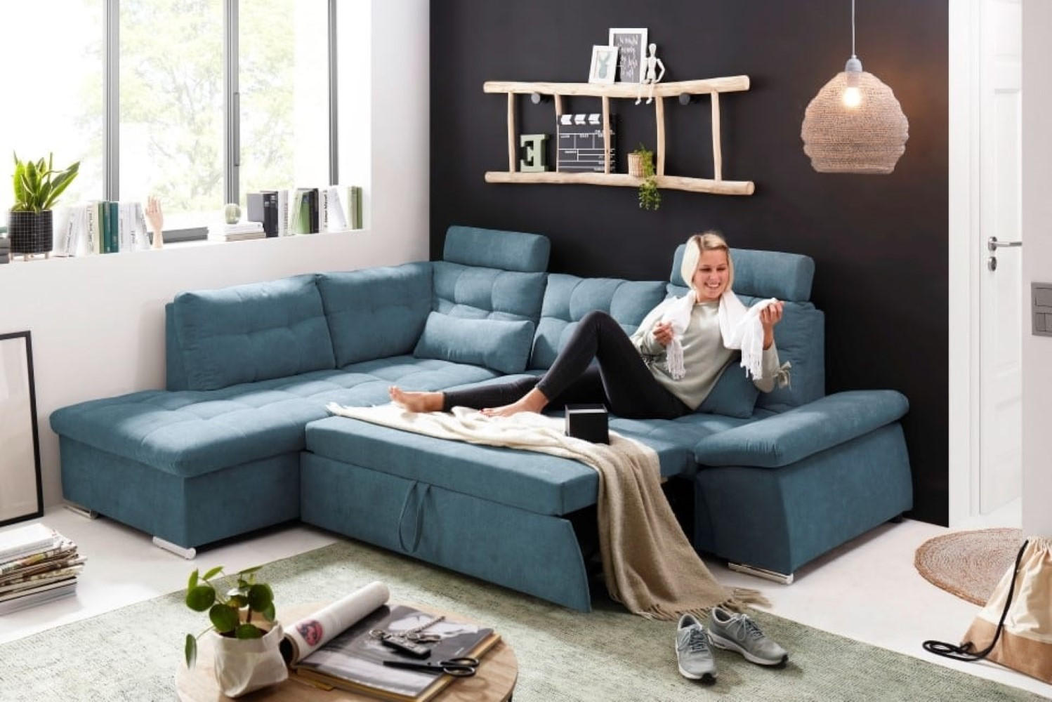 ECKSOFA mit Schlaffunktion, Bettkasten und verstellbarer Armlehne - Chromfarben/Blau, Textil (260/219cm) - ed exciting design