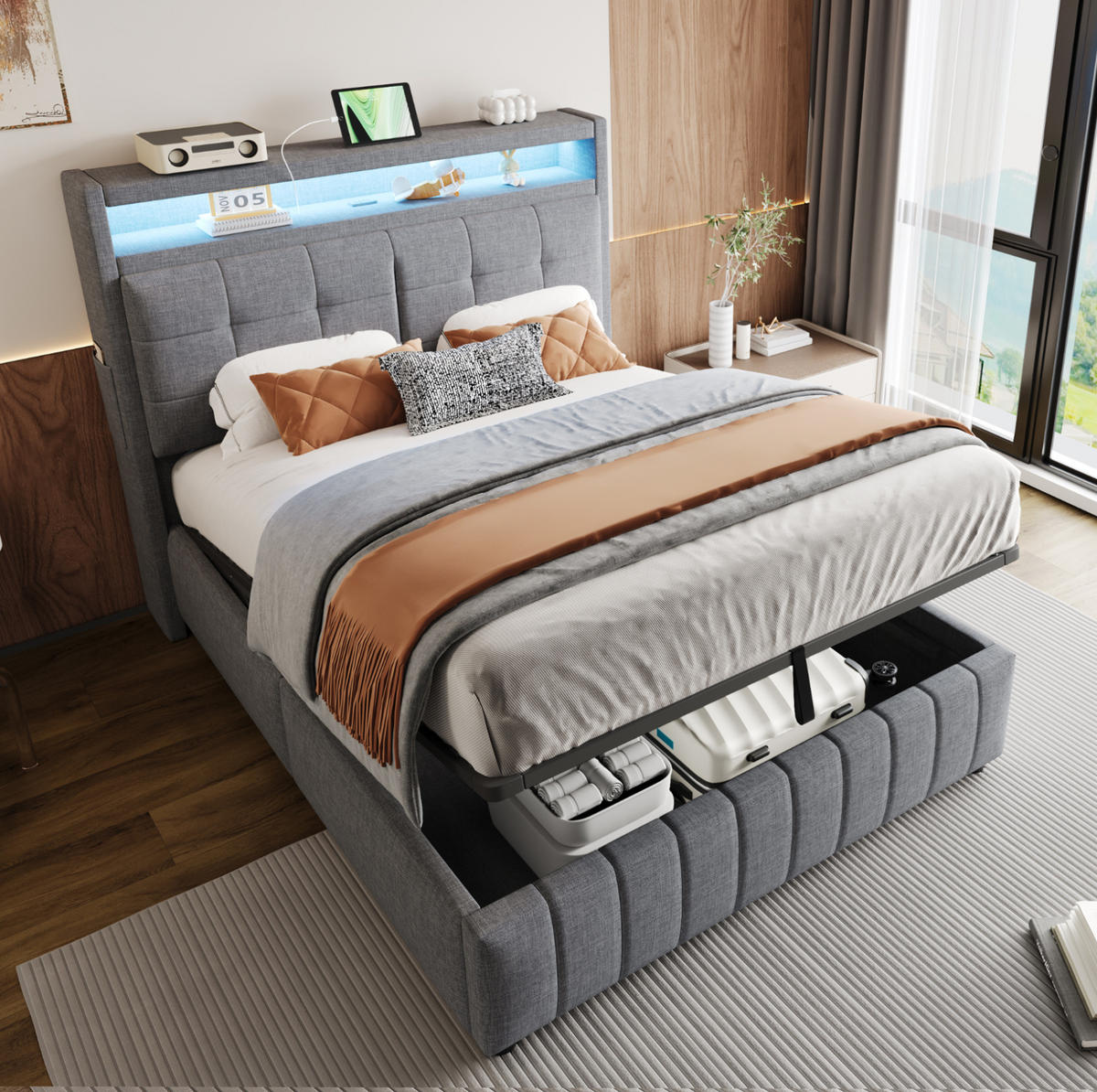 POLSTERBETT 140/200 cm grau mit LED-Beleuchtung und USB-Steckdose, Kopfteil mit Ablagen - Grau, Textil (140/200cm) - OKWISH