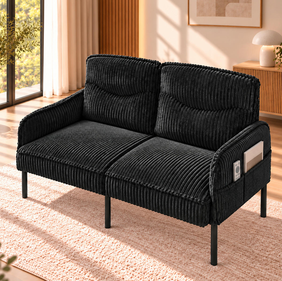 2-SITZER Sofa 122/73/83 cm Cordstoff mit Seitentaschen und Metallbeinen Schwarz - Schwarz, Textil/Metall (73/83/122cm) - Redom