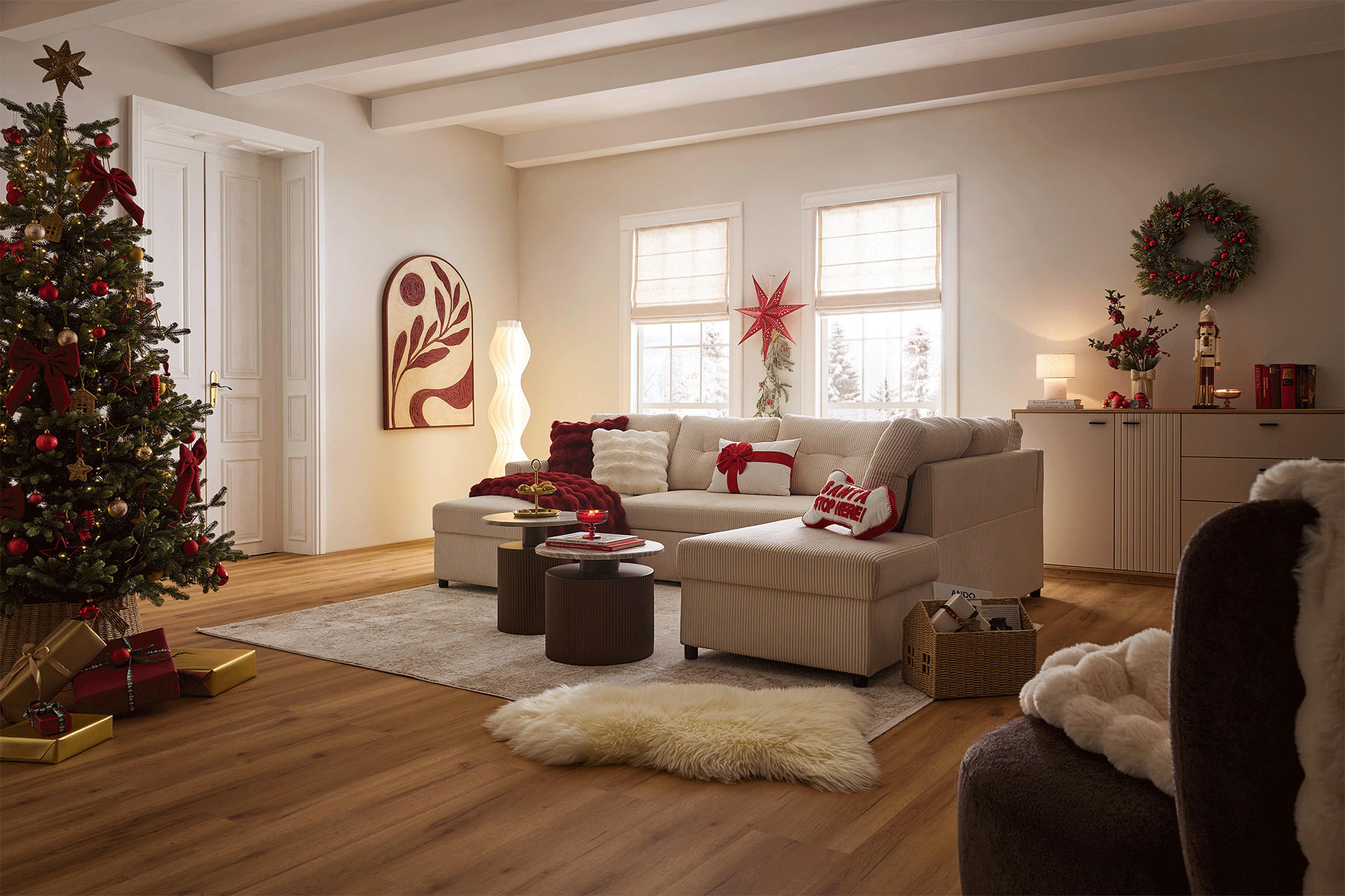 Burgundy Bow Wohnzimmer – Festlich & Elegant