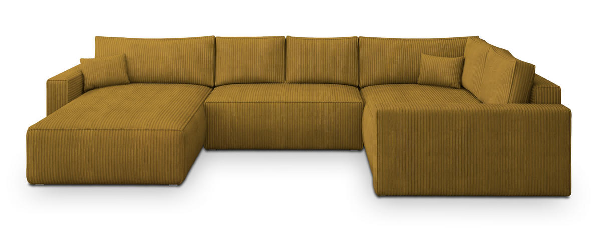 WOHNLANDSCHAFT VELAMI R-S Gelb Kordstoff mit Schlaffunktion - Gelb, Holz (365/83/194cm) - MASSENO