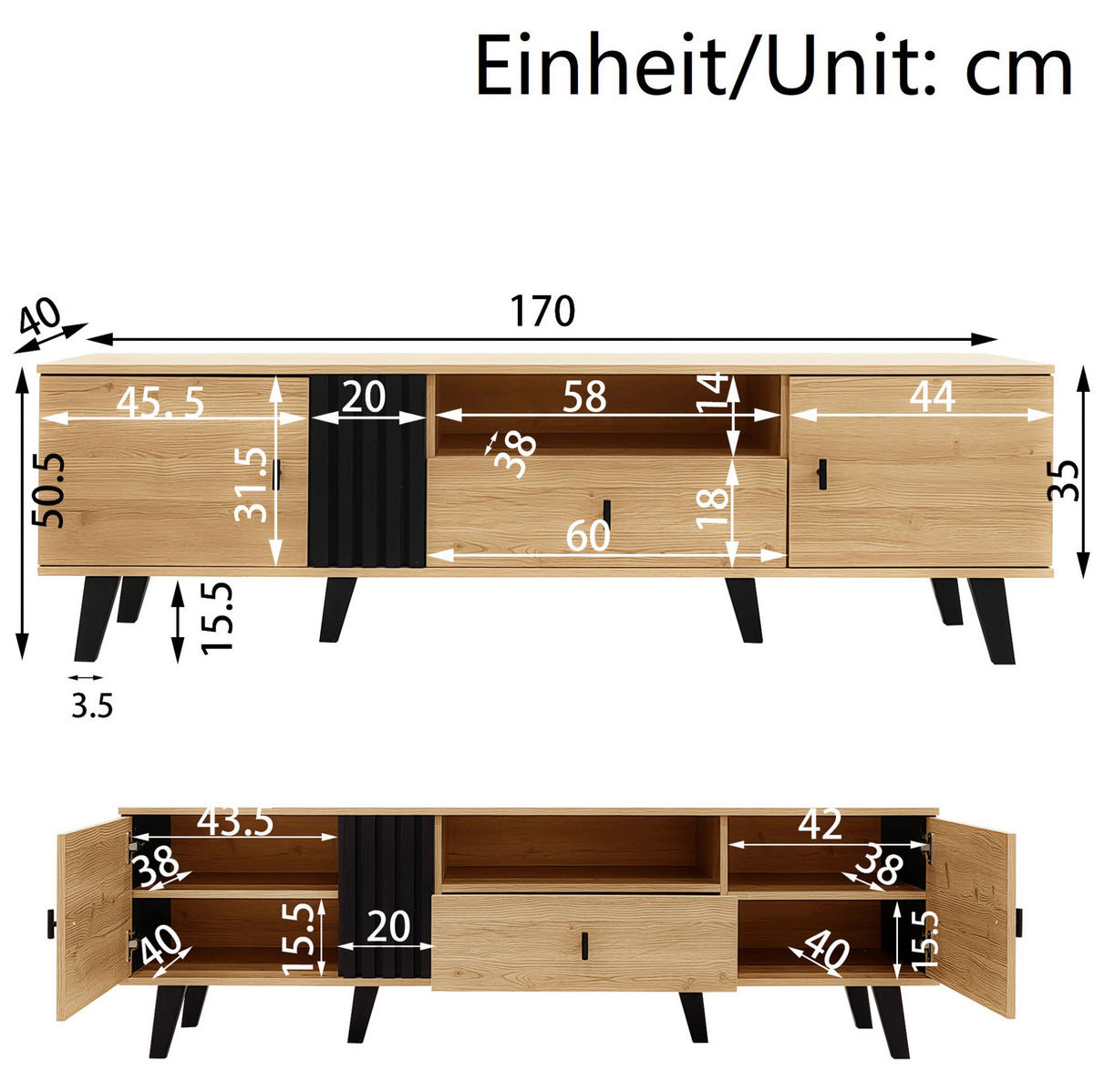 NÍZKÁ komoda z dřevotřísky a skla, 170/40/50,5 cm přírodní/černá, se 2 dvířky a zásuvkou - černá, kompozitní dřevo (170/50.5/40cm) - BEAOK