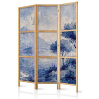 PARAVENT Japanischer 3-tlg 135x172 cm Blaue Landschaft - Blau, Holz/Textil (135/172/3cm) - Muralo