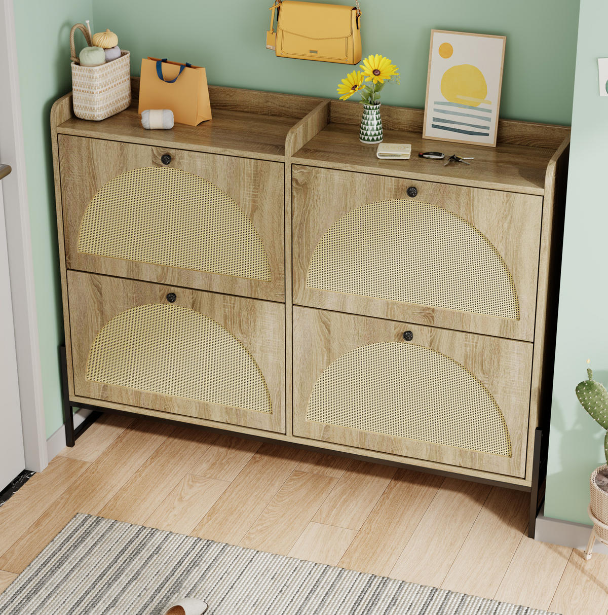 SCHUHSCHRANK 121/25/91,5 cm in Natur mit 4 Klappen und PE-Rattan - Naturfarben, Holzwerkstoff (118/91.5/25cm) - Flora Grace