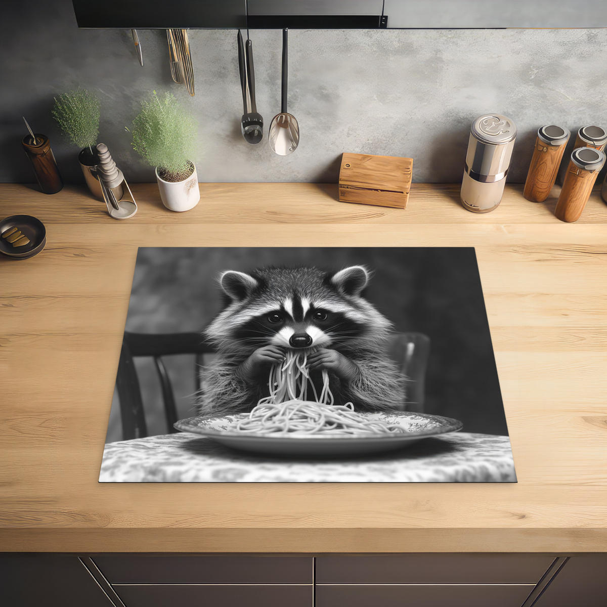 HERDABDECKPLATTE Waschbär - Niedlich - Pasta - Tischtuch - Schwarz - Weiß Herdabdeckung Induktionsfeld 65x52 cm - Grau, Kunststoff (65/52/0.2cm) - MuchoWow
