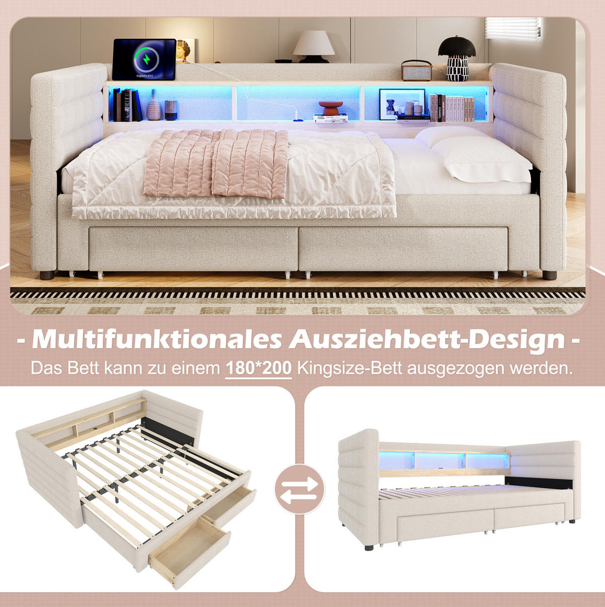 ČALOUNĚNÁ postel 90/190 cm se sametovým čalouněním, LED osvětlením, výsuvným lůžkem, USB a USB-C porty a úložným prostorem, Béžová - béžová, textil (90/190cm) - Redom