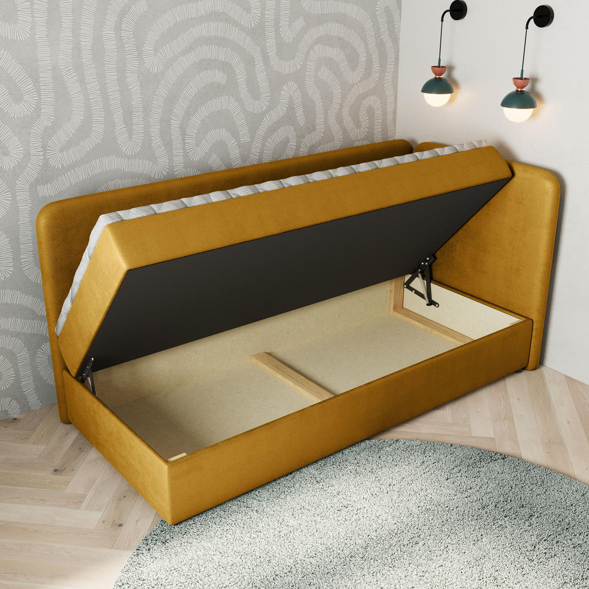 BOXBETT GINA 90x200 cm mit Matratze und Topper, H2+H3 - Gelb - Gelb, Holz (90/200cm) - MASSENO