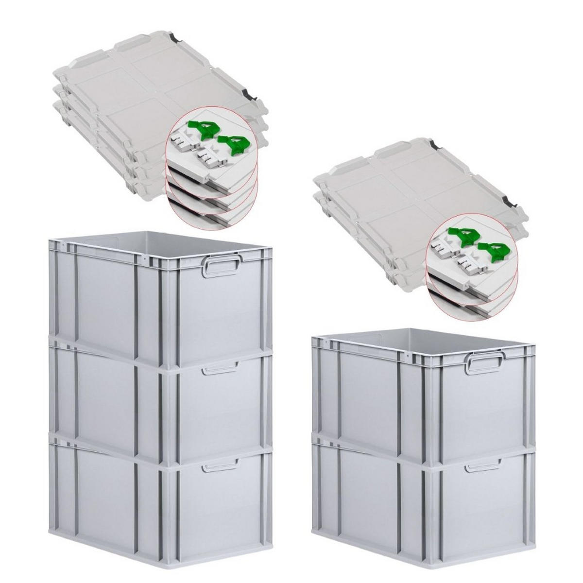 EUROBOX 5x Nextgen Economy Mit Scharnierdeckel Grau/GrünGriffe Geschlossen 65 Liter - Grün, Kunststoff (40/32/60cm) - PROREGAL