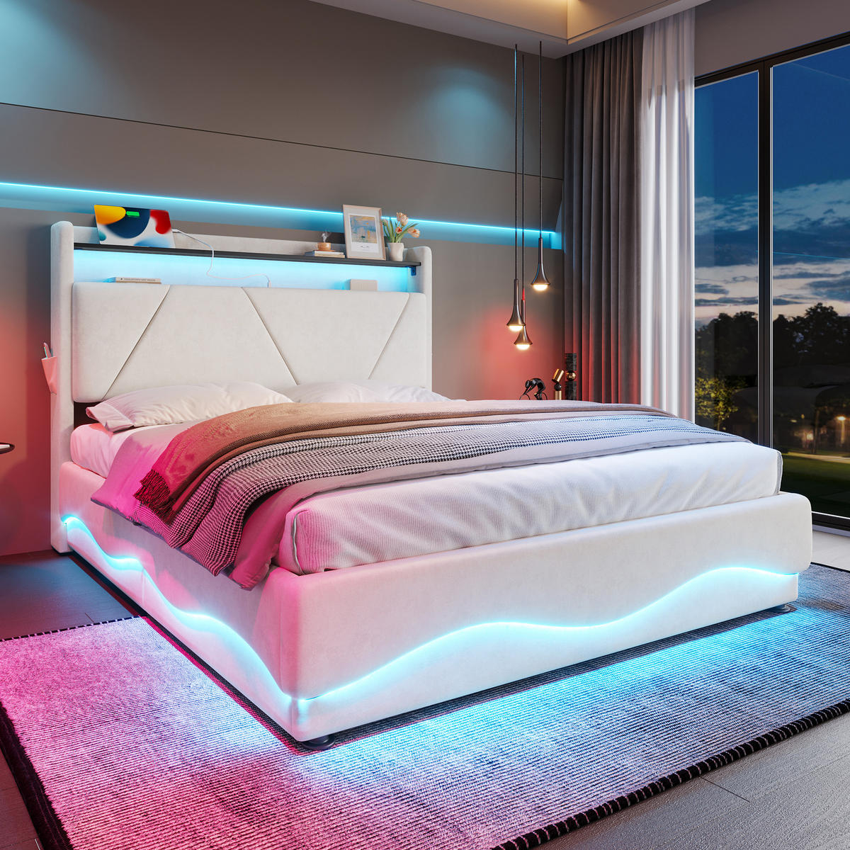 POLSTERBETT 140/200 cm in Beige Samt mit Bettkasten, LED, USB, Type-C und Regal - Beige, Holzwerkstoff/Textil (140/200cm) - WISHDOR