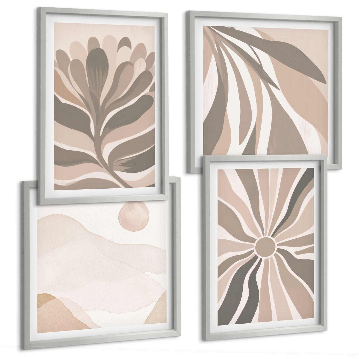 BILDER SET 4er Set - 50x50 cm & 40x60 cm Silberner Rahmen - Abstrakte Pflanzenmuster - Silberfarben, Kunststoff (50/50cm) - TULUP