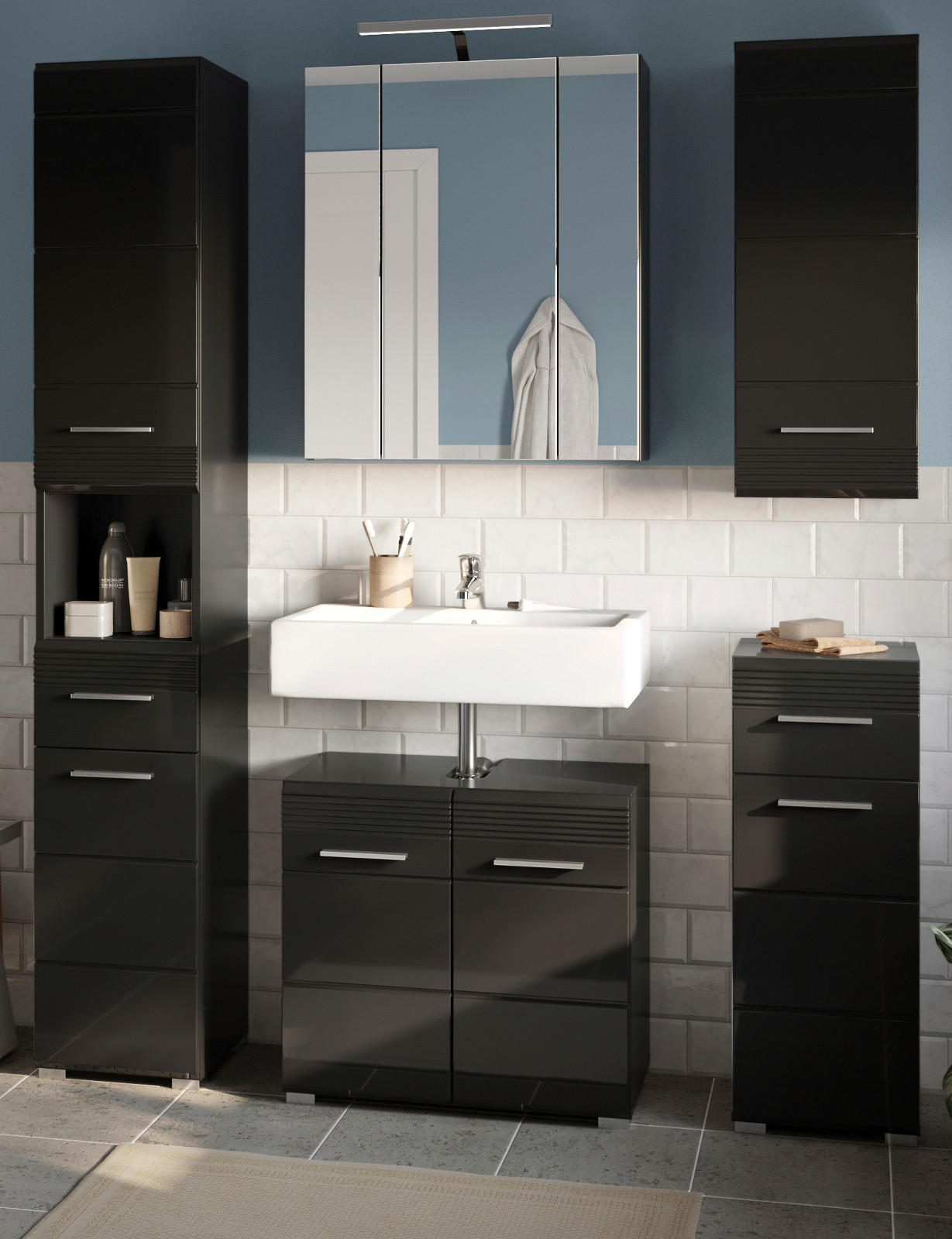 BADMÖBEL-SET in schwarz Hochglanz, 5-teilig 150 cm, Badkombination - Schwarz, Glas/Holzwerkstoff (150/182/34cm) - Inn.Furn