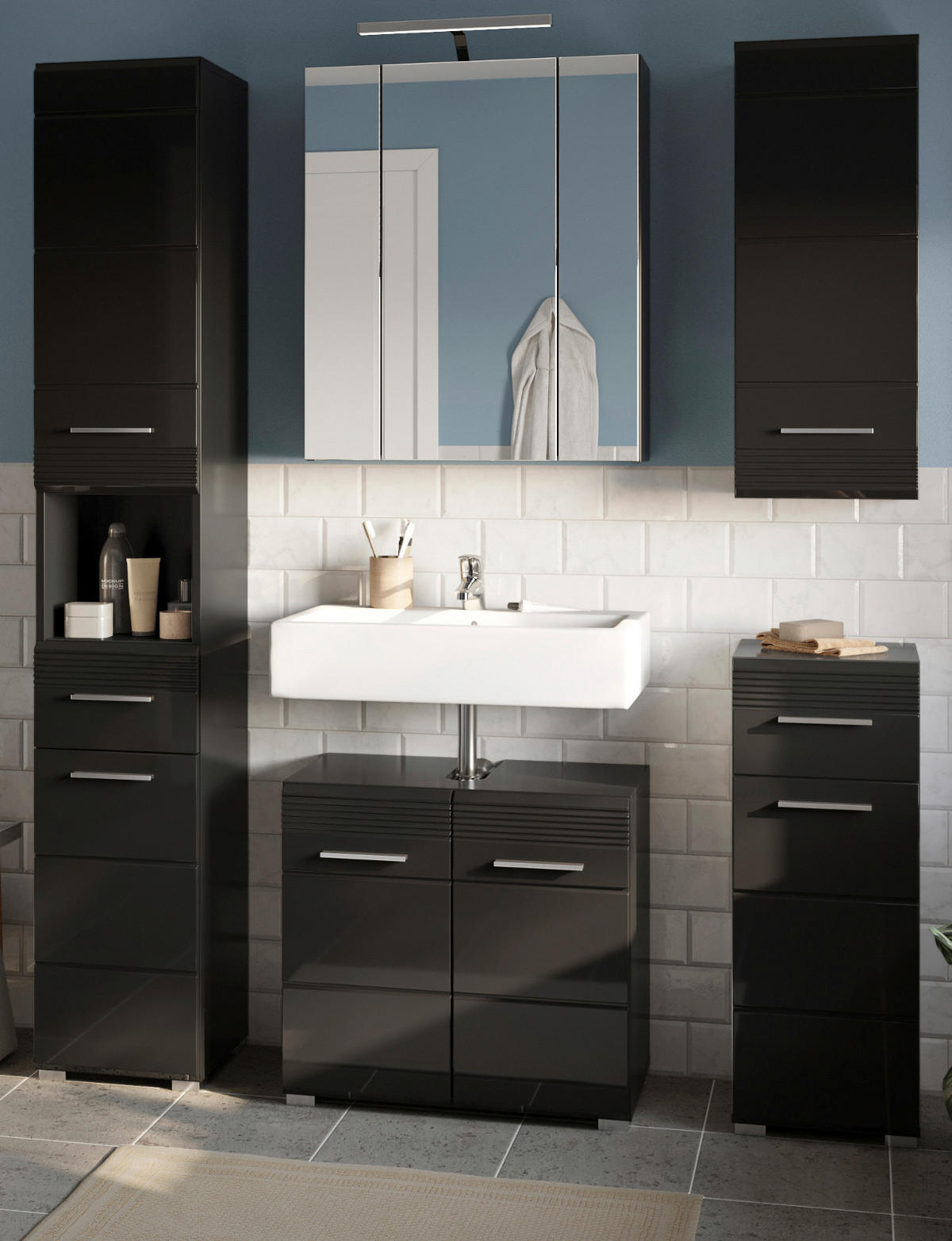 BADMÖBEL-SET in schwarz Hochglanz, 5-teilig 150 cm, Badkombination - Schwarz, Glas/Holzwerkstoff (150/182/34cm) - Inn.Furn