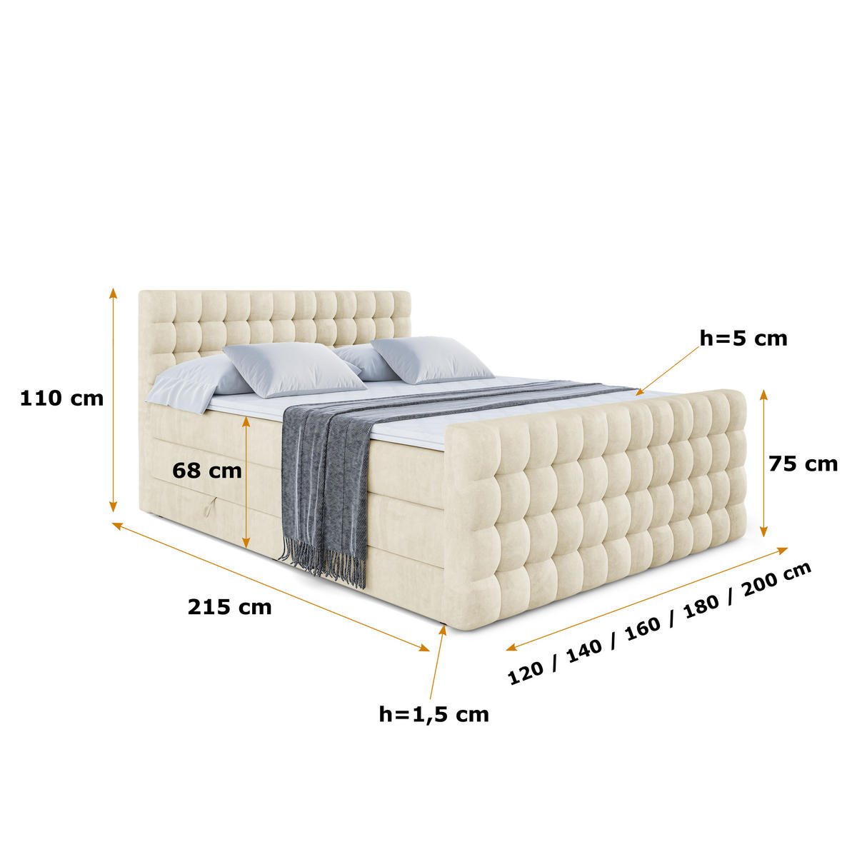 BOXSPRINGBETT VIONE-Z KING - 200 x 200 - H3/H4 - Beige - Beige, Holzwerkstoff (200/200cm) - ALTDECOR