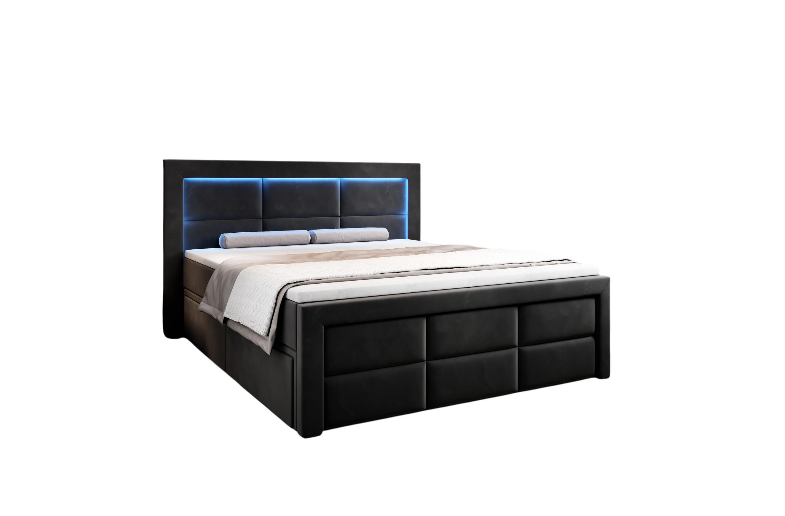 BOXSPRINGBETT Aspen mit Schubladen und Topper, LED-Beleuchtung, Samt, 180x200 cm, Schwarz - Schwarz, Holz - PROMETO Möbel