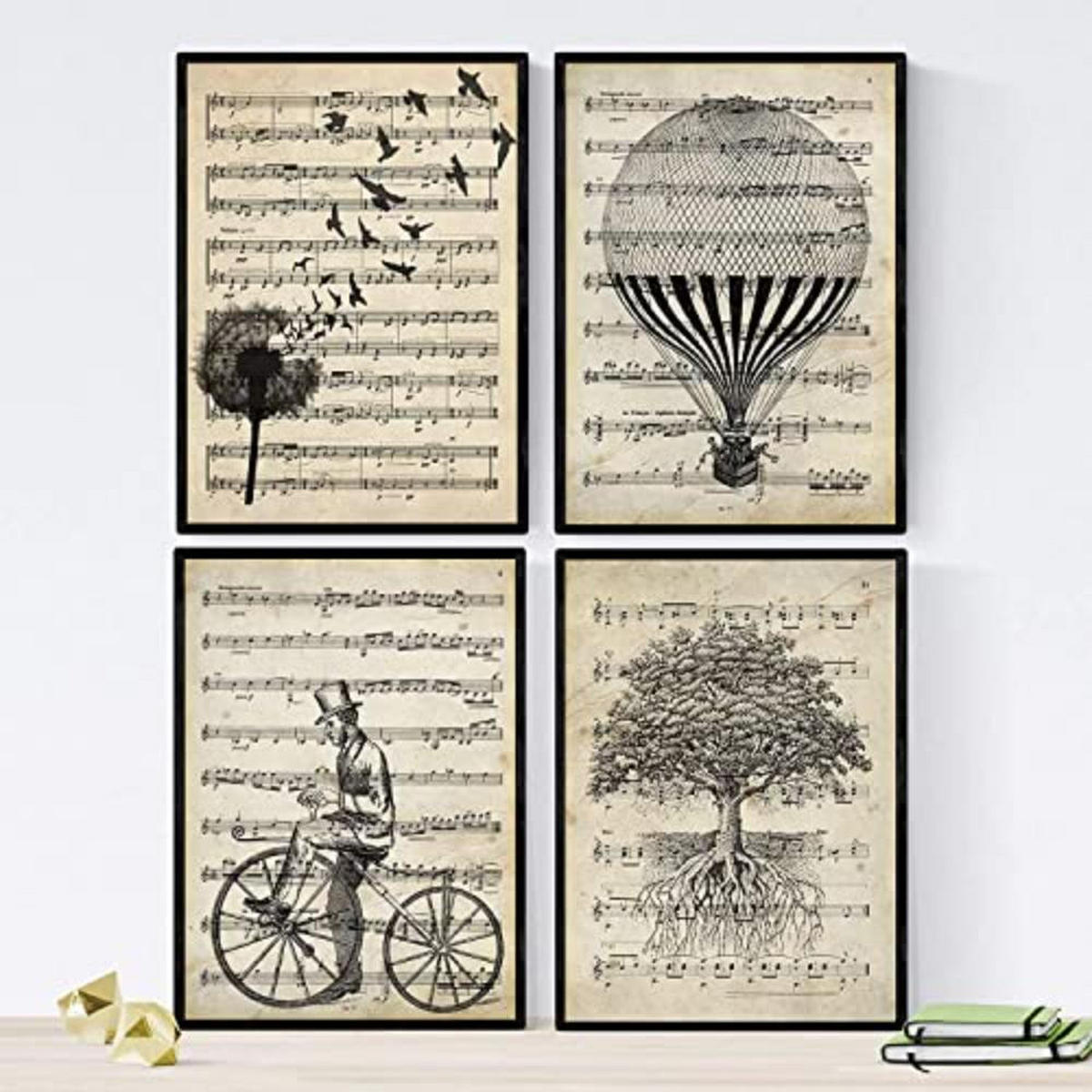 POSTER Set mit 4 Notenblatt A4 Schwarzer Rahmen - Schwarz, Papier (29.7/3cm) - Nacnic