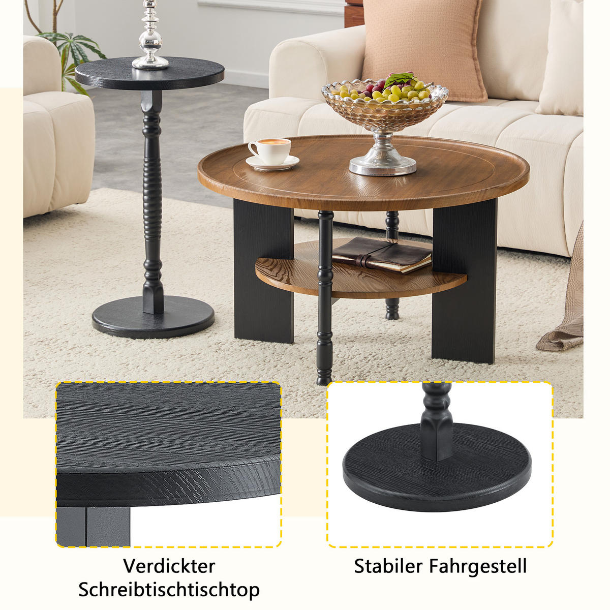 COUCHTISCH-SET Walnuss/Schwarz 2er-Set - Walnussfarben, Holzwerkstoff (80/80/47cm) - PANGIVO