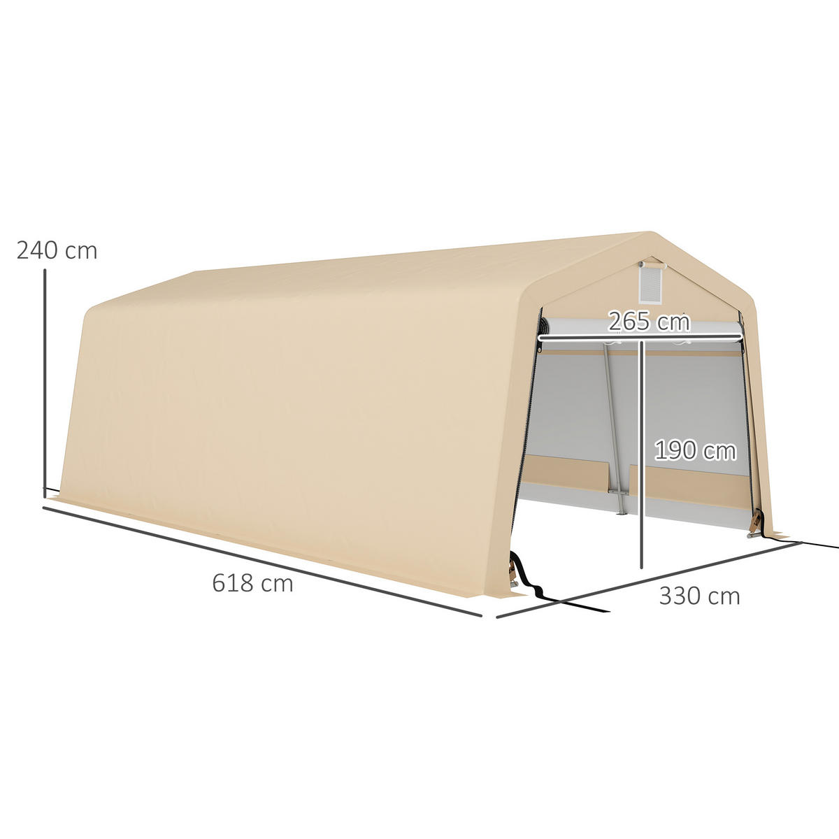 CARPORT DE-12646 620/330/240 cm 150 g/m² wasserdicht mit Rolltür Grau - Mokka, Kunststoff (330/240/618cm) - ComfortXL