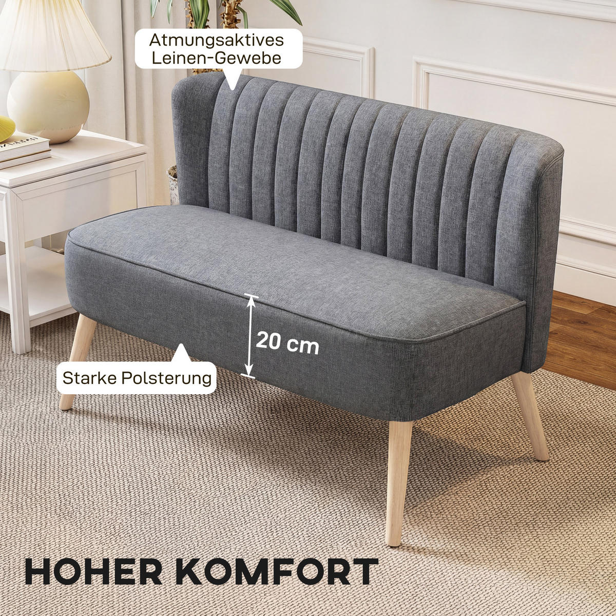 2-SITZER-SOFA DE-06551 Polstersofa Leinenoptik, Holzrahmen Grau - Grau, Holz/Textil (117/77/56.5cm) - ComfortXL