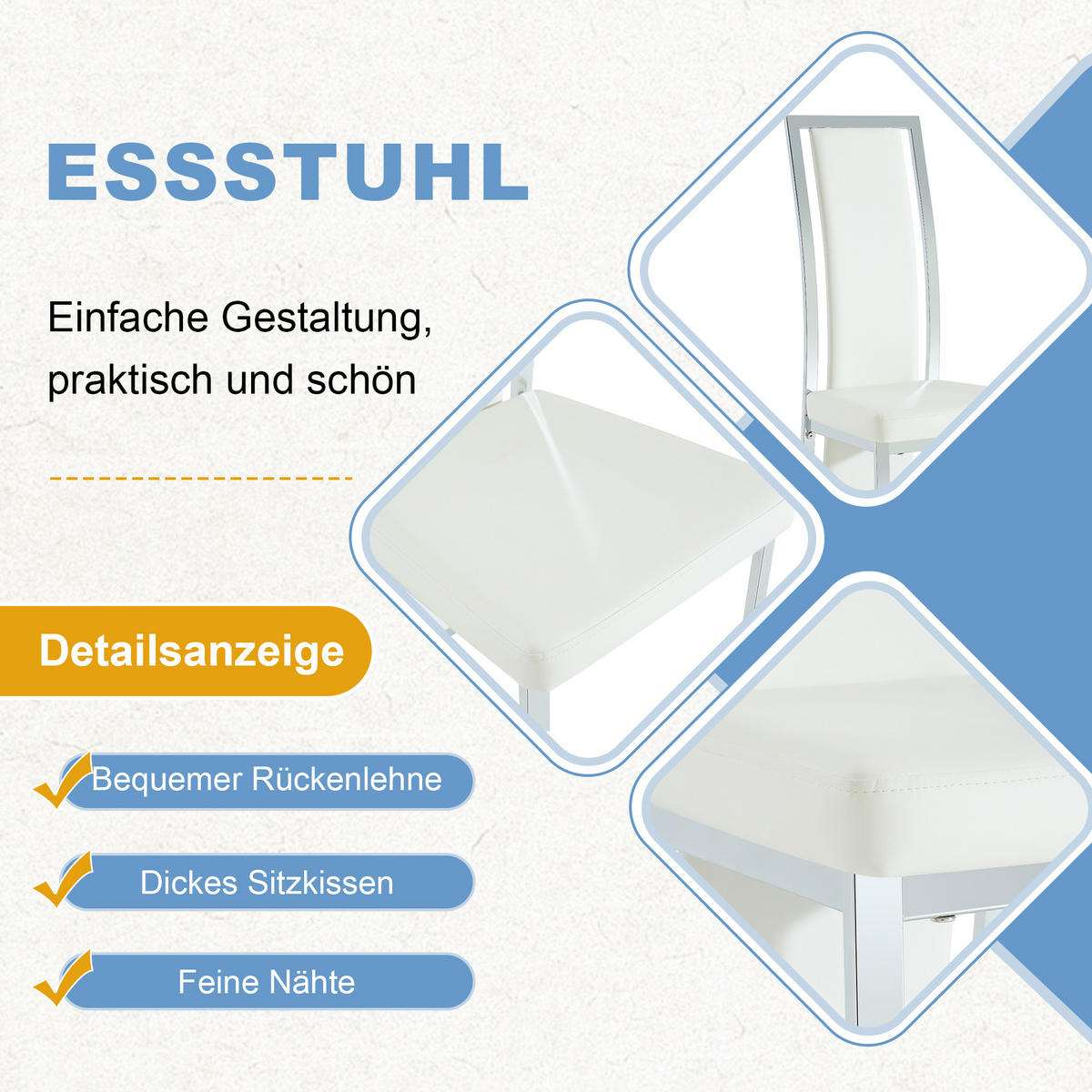 STUHL-SET DE-36611 4 Stück mit PU-Bezug und Metallrahmen Weiß - Weiß, Metall (42.7/109/44cm) - ComfortXL