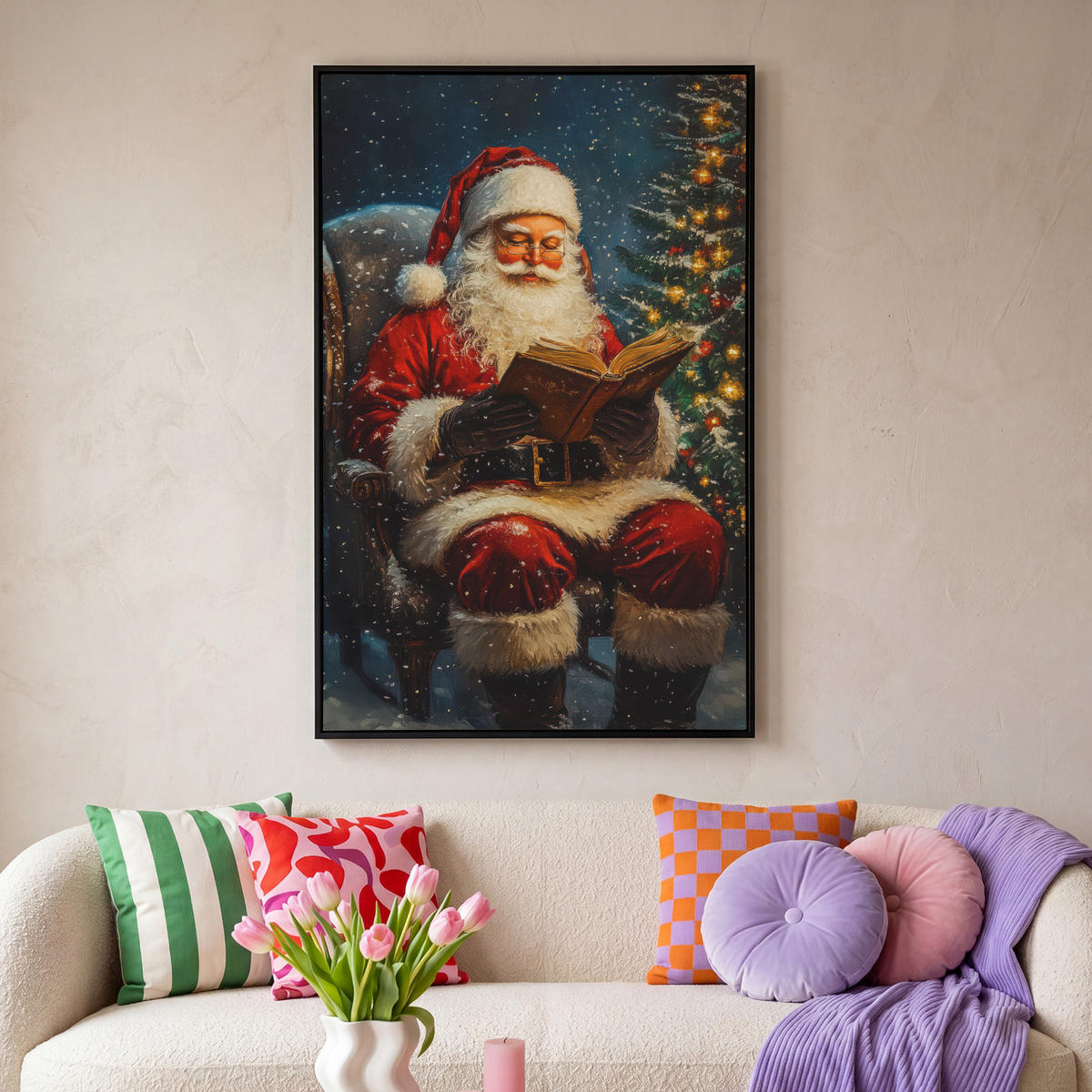 LEINWAND Bilder mit Rahmen - Weihnachtsmann - Weihnachten - Winter - Weihnachtsbaum - 80x120 - Bordeaux, Textil (80/120cm) - MuchoWow