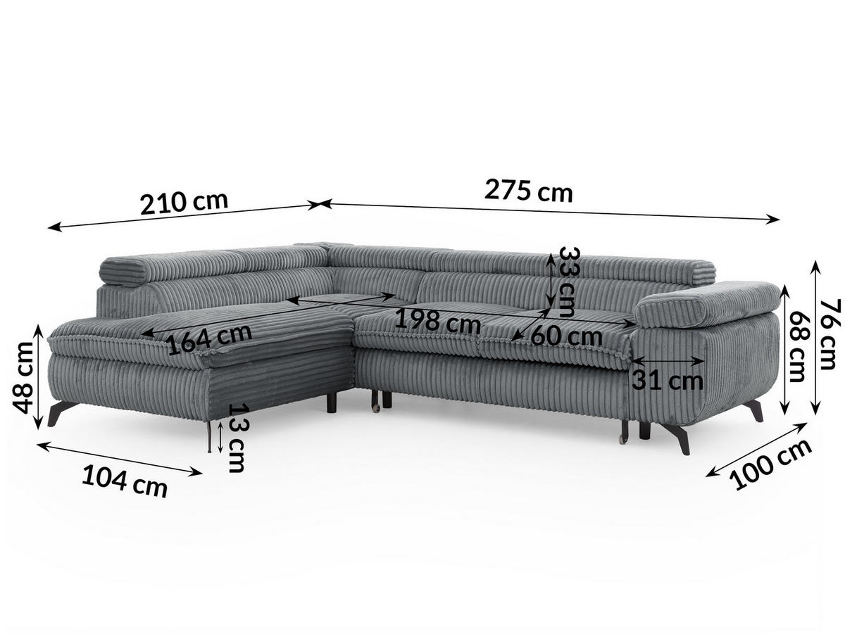 ECKSOFA mit Schlaffunktion und Bettkasten Bonnie aus Grau Cord-Stoff mit verstellbaren Kopfstützen und Armlehne - Ottomane links - Schwarz/Grau, Holz/Textil (275/210cm) - S-Style Möbel