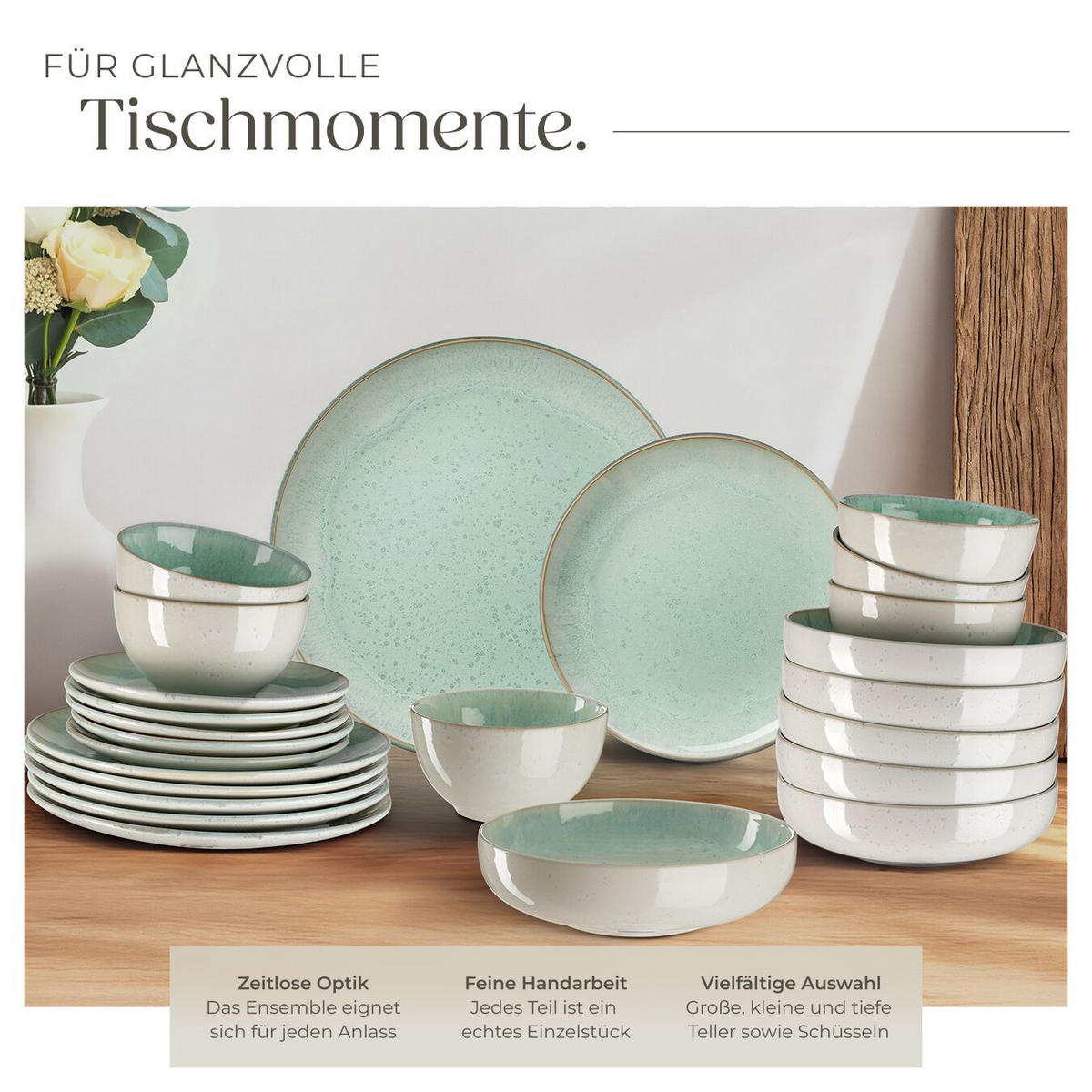 TAFELSERVICE Mare, ineinander stapelbar, Mint - Mintgrün, Keramik (26.5/2.5/26.5cm) - tectake