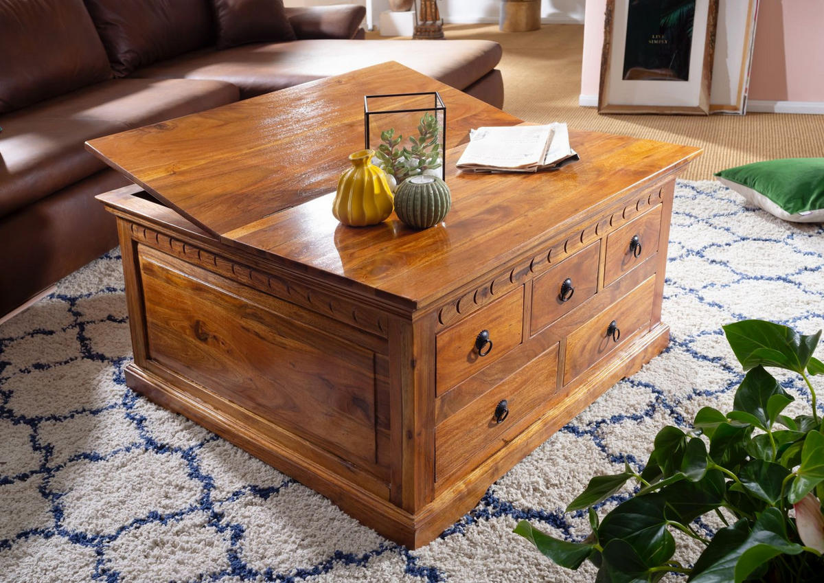 COUCHTISCH Akazie 90x90x50 honig lackiert OXFORD #0320 - Braun, Holz (90/90/50cm) - Massivmoebel24