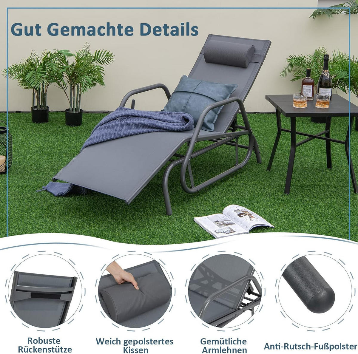SONNENLIEGE mit Schaukelfunktion Grau - Grau, Metall (70/101/152cm) - COSTWAY