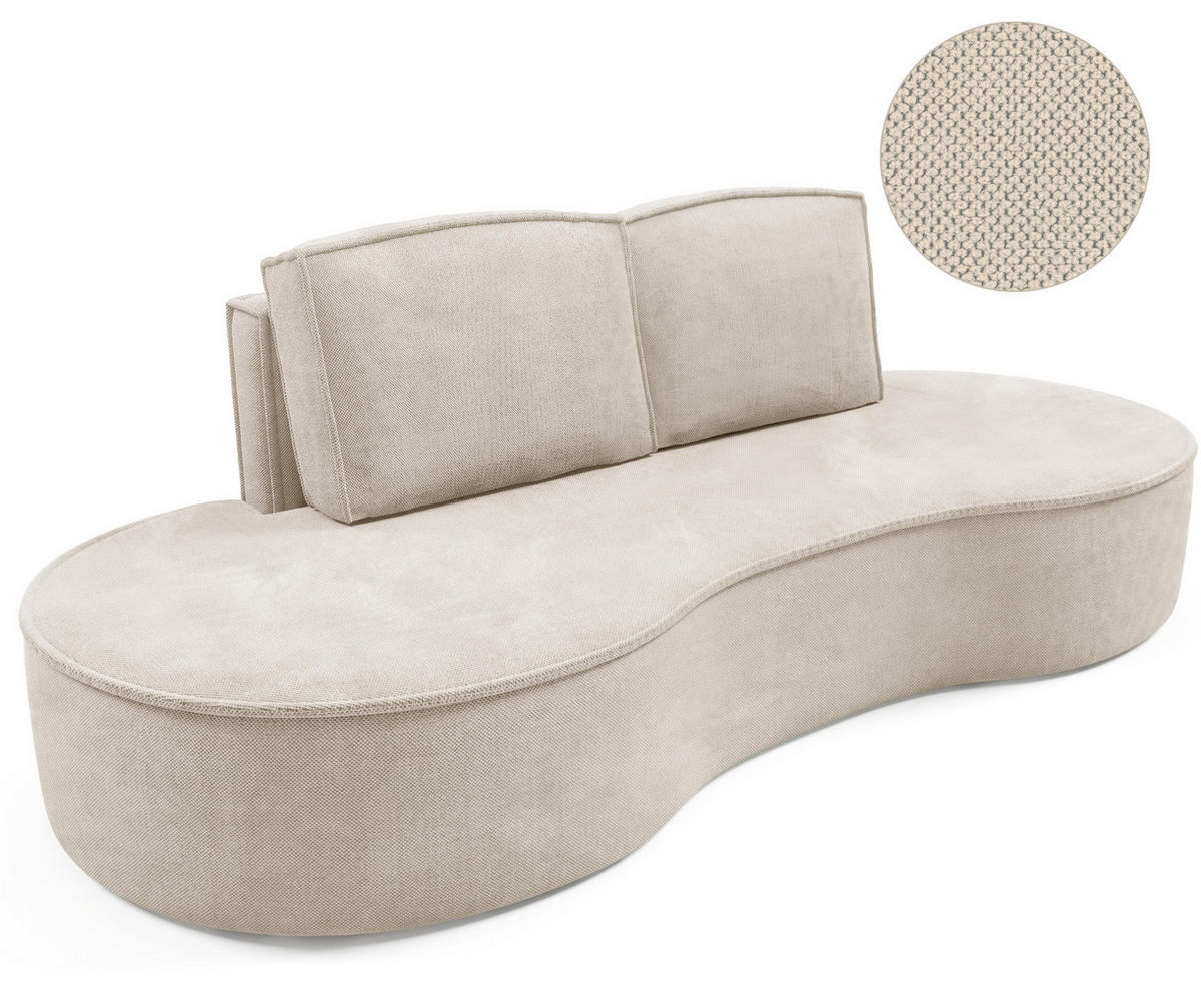 SOFA Molly – Freistehendes halbrundes Designsofa mit zwei eleganten, abnehmbaren RückenKissen, Curio Stoff, Größe: 234x101x88 cm, Beige - Beige, Holz/Textil (234/88/101cm) - DomoHome