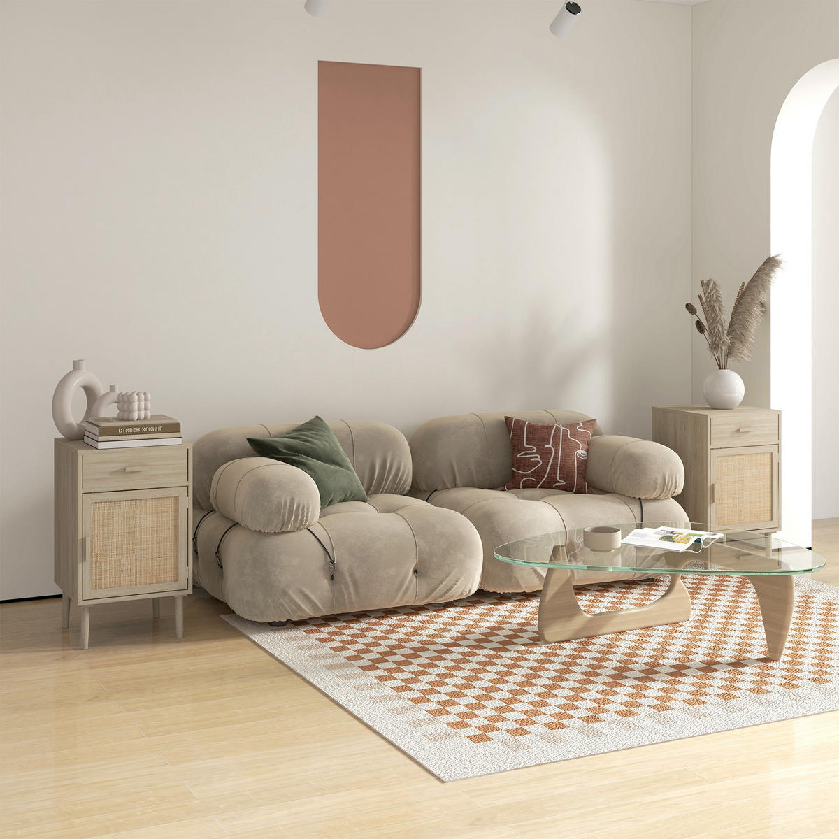 NACHTTISCH Eiche Spanplatte Rattan mit Schublade und Tür 2er-Set - Eichefarben, Holzwerkstoff (40/68.5/40cm) - PANGIVO