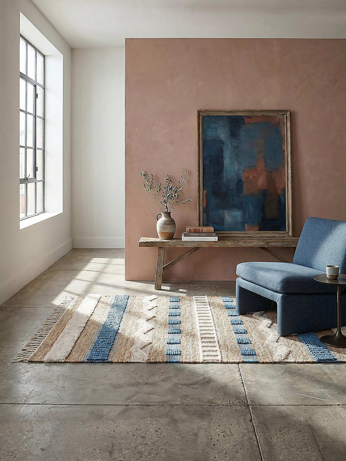 TEPPICH Hoch-Tief Struktur Gestreift, Ethno-Stil, mit Fransen wendbar, Esszimmer Natur-Blau Rechteckig 120x170 - Blau, Textil (170/120cm) - KADIMA DESIGN