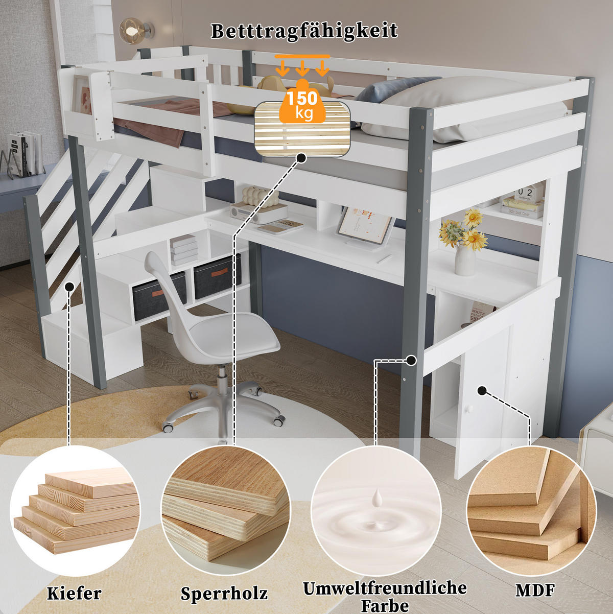 VISOKI krevet 90/200 cm s radnim stolom, policama i spremišnim stepenicama, Bijela/Siva - bijela, drvo (90/200cm) - Redom