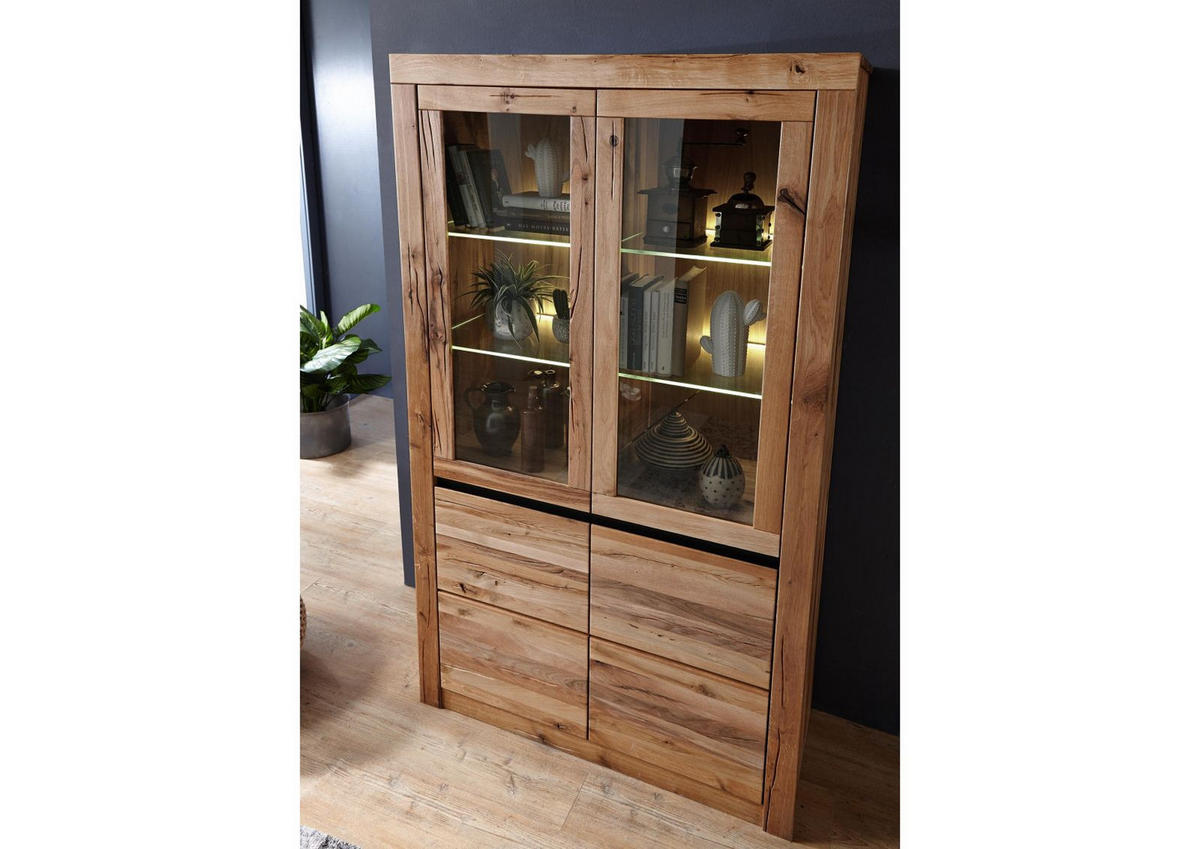VITRINE Wild-/Zerreiche 105x42x190 natur geölt MONTREUX #101 - Braun, Holz (105/190/42cm) - Massivmoebel24
