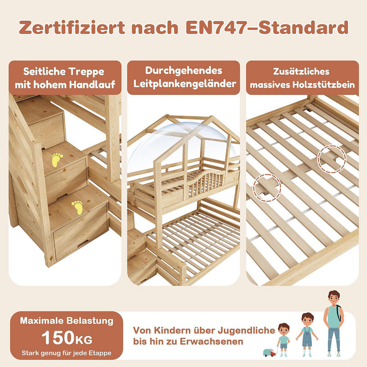 HAUSBETT 90x200 oben 140x200 unten mit Treppenschrank in Hell Natürlich - Naturfarben, Holz (140/200cm) - KOMHTOM