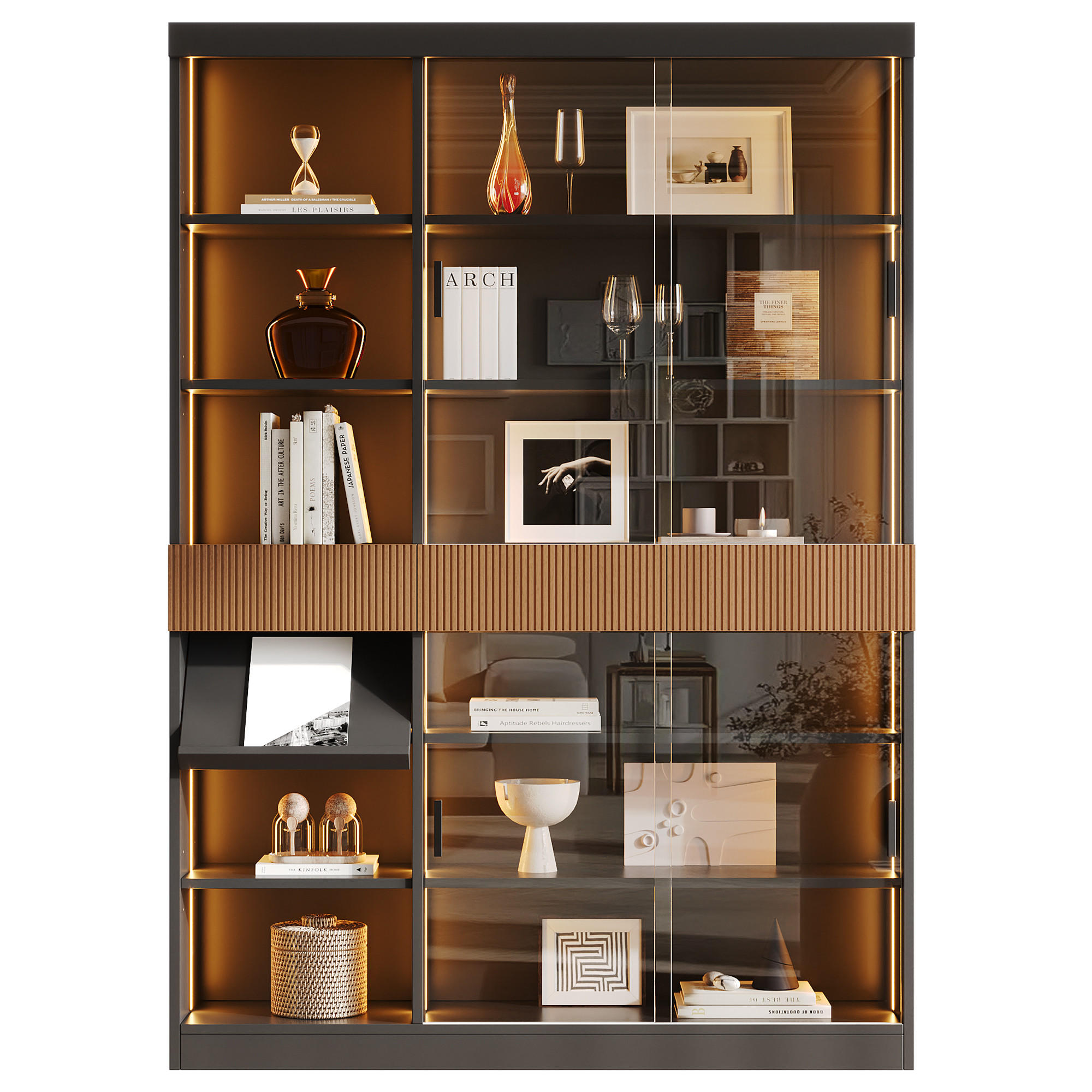 VITRINE 120x28,5x180 cm mit LED und Schiebetüren - Schwarz/Braun, Holzwerkstoff (120/180/28.5cm) - FLIEKS