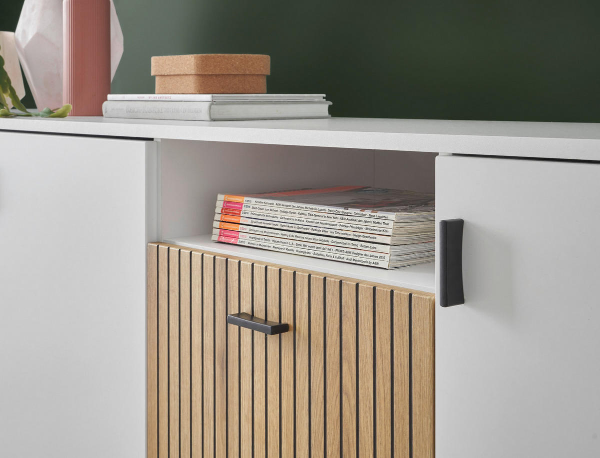 SIDEBOARD weiß matt, Eiche 200 cm, Kommode mit 12 Fächern und Soft-Close - Eichefarben/Schwarz, Holzwerkstoff/Kunststoff (200/80/42cm) - Furn.Design
