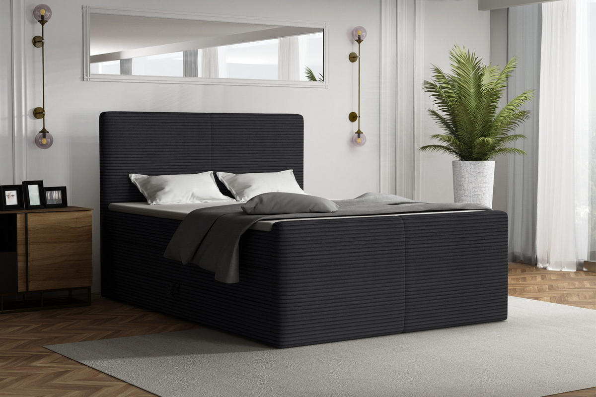 BOXBETT ROCKY 140/200 in Cord Anthrazit mit Doppelmatratzen H3 - Anthrazit, Holz/Holzwerkstoff (140/200cm) - Deine Möbel 24