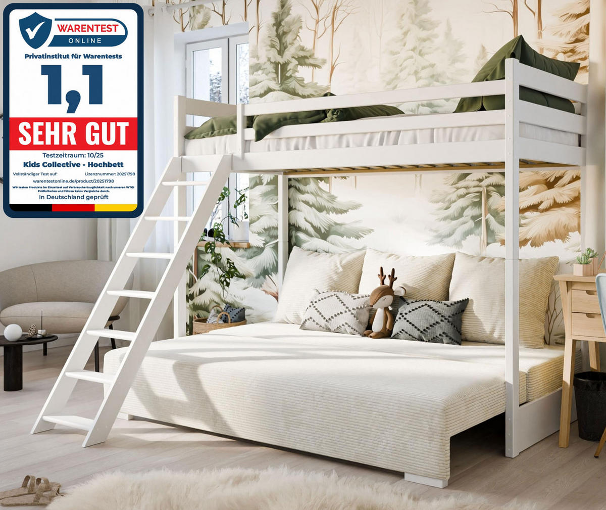 HOCHBETT mit Schlafsofa 200x140 cm in weiß und cremefarben - Creme/Weiß, Holz (140/200cm) - Kids Collective