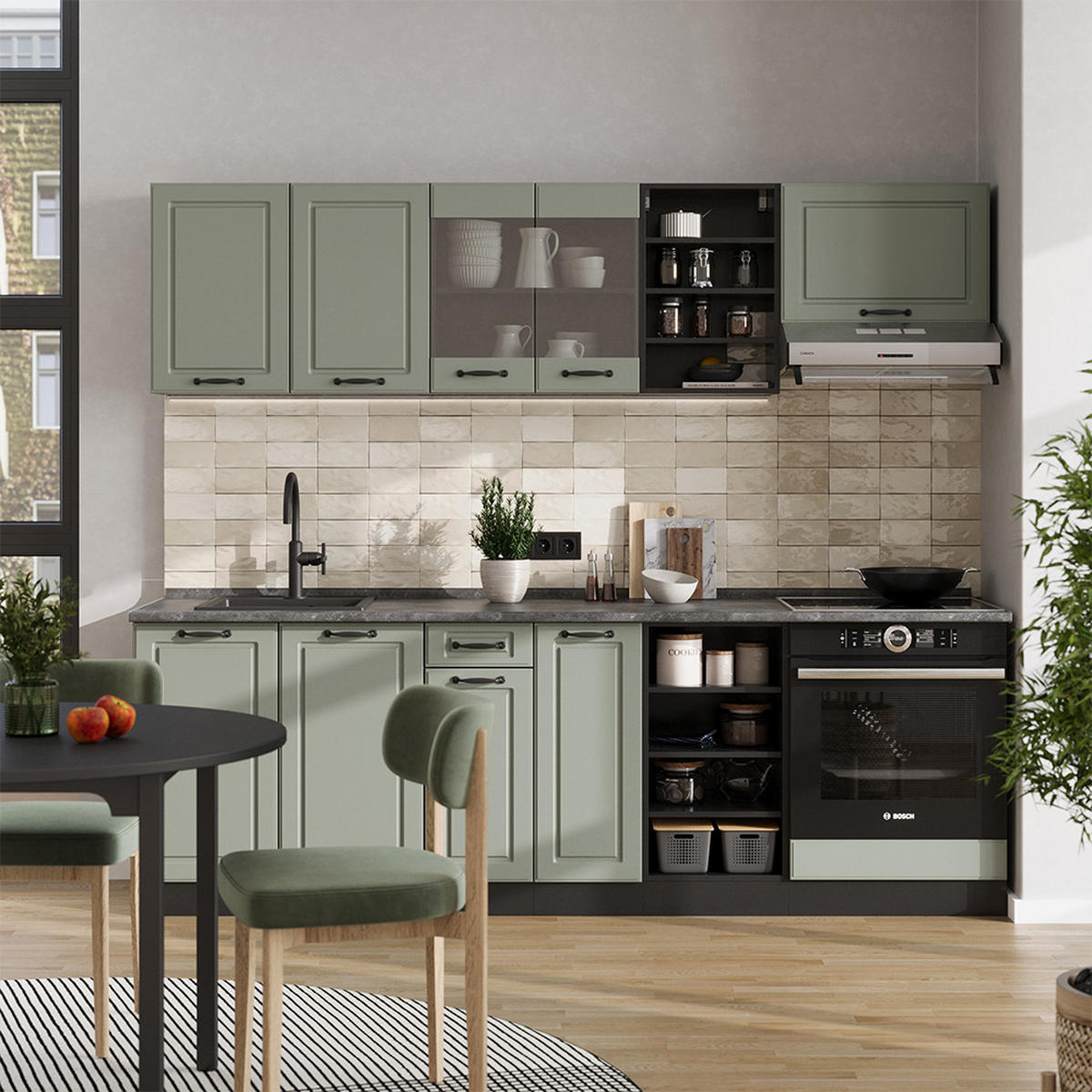 KÜCHENZEILE R-Line, Mint Landhaus/Anthrazit, 240 cm Arbeitsplatte Goldkraft Eiche - Anthrazit/Grün, Holzwerkstoff (240/206.8/60cm) - Vicco