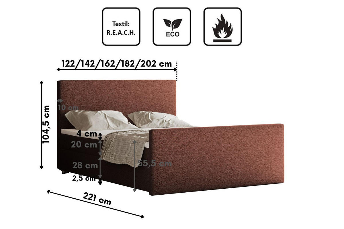 BOXBETT mit Bettkasten Matratze Topper LAGUNE Stoff Loop Braun 120x200 cm H3-Bonell - Braun, Holz/Holzwerkstoff (120/200cm) - Kaiser Möbel