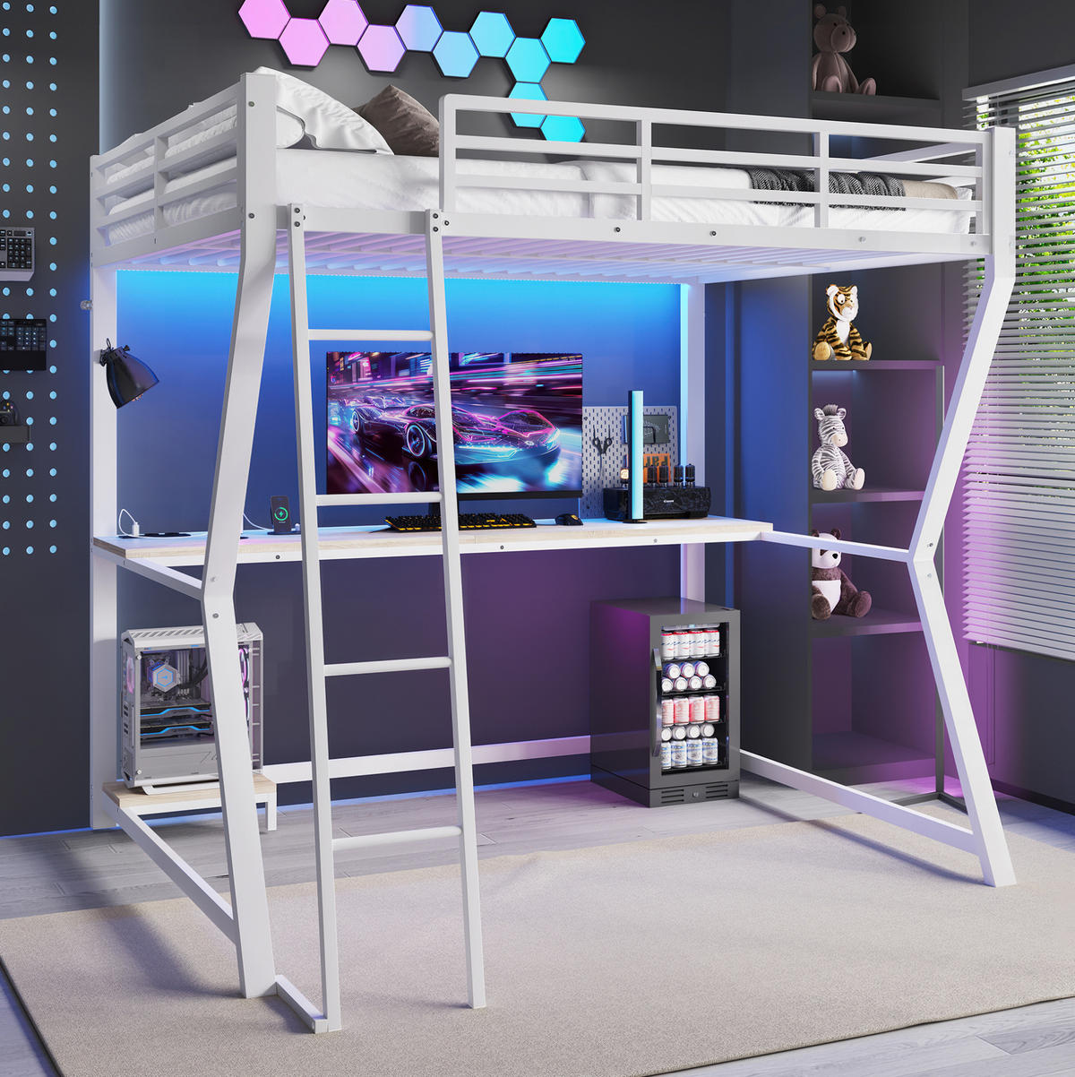 HOCHBETT 140/200 cm Weiß mit LED und Schreibtisch ohne Matratze - Weiß, Metall (140/200cm) - MIVRAY