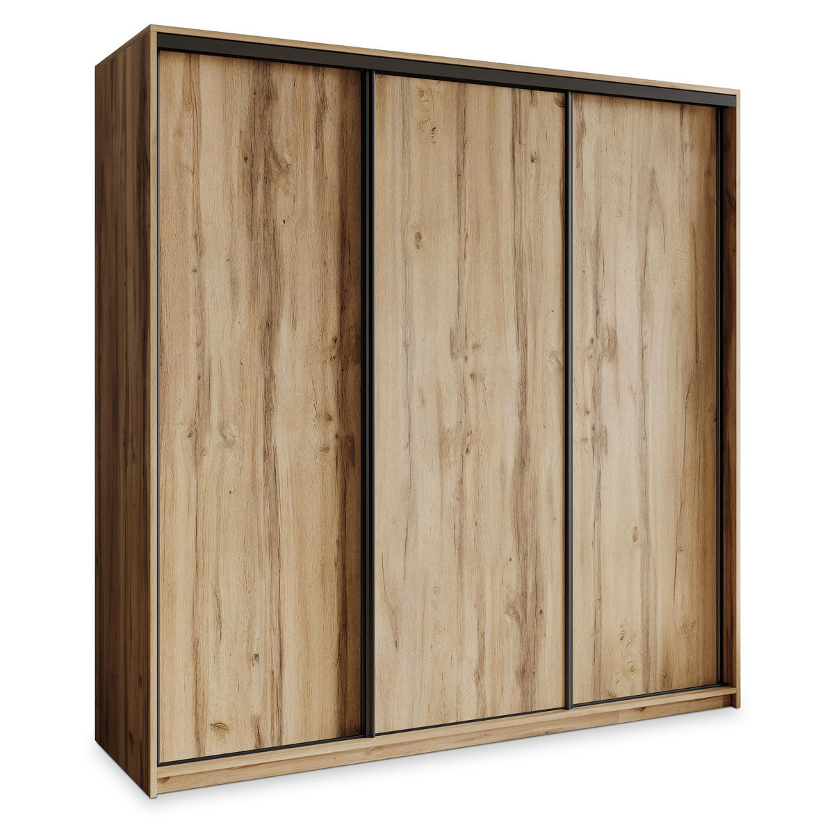 SCHWEBETÜRENSCHRANK NISSE 180/205/60 cm 3-türig mit Schubladen Eiche Wotan - Eiche Wotan/Schwarz, Holzwerkstoff (180/205/60cm) - MASSENO