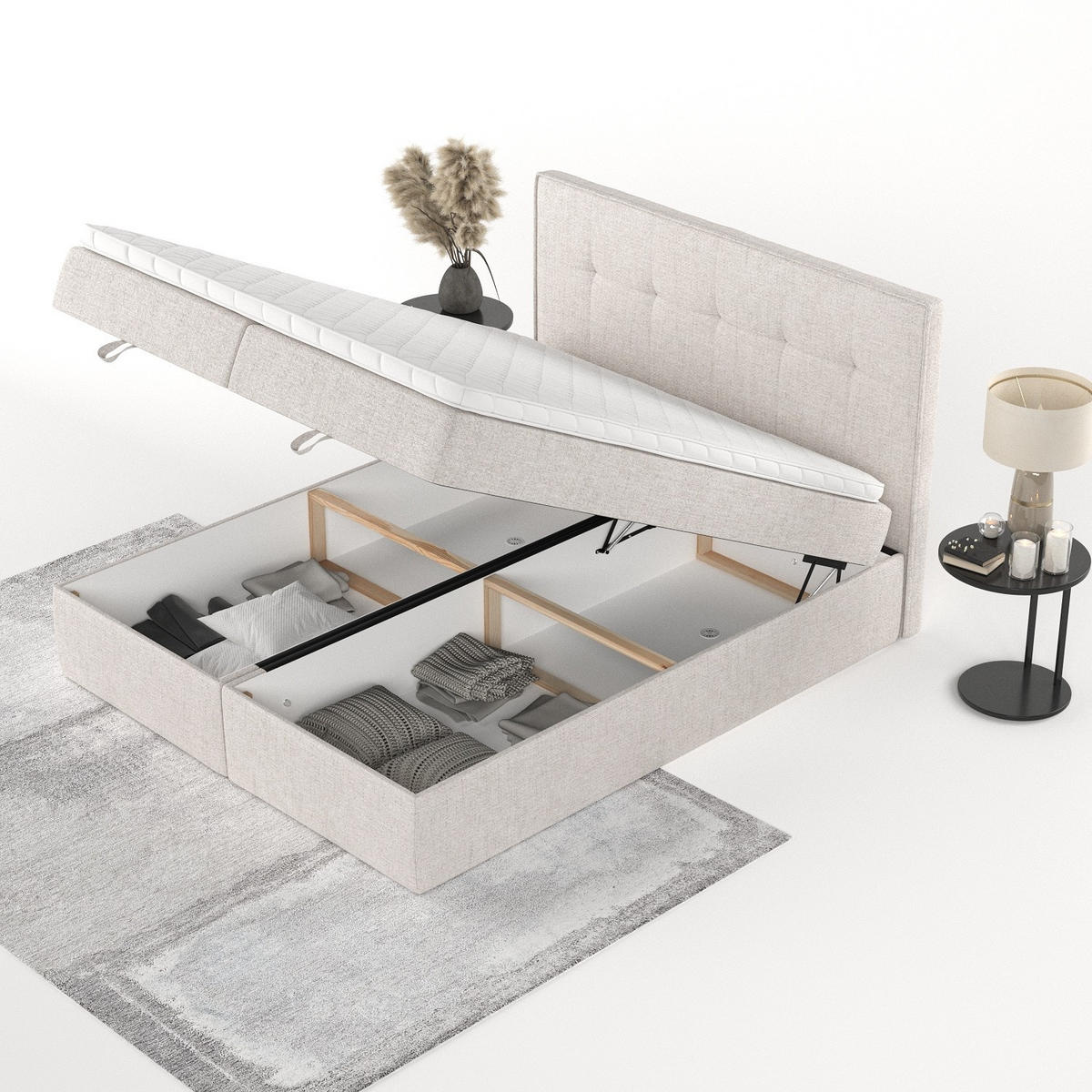 BOXBETT Tivra 200/200 cm Hellbeige im Neve Stoff - Sandfarben/Schwarz, Holz/Holzwerkstoff (200/200cm) - AltaBeds