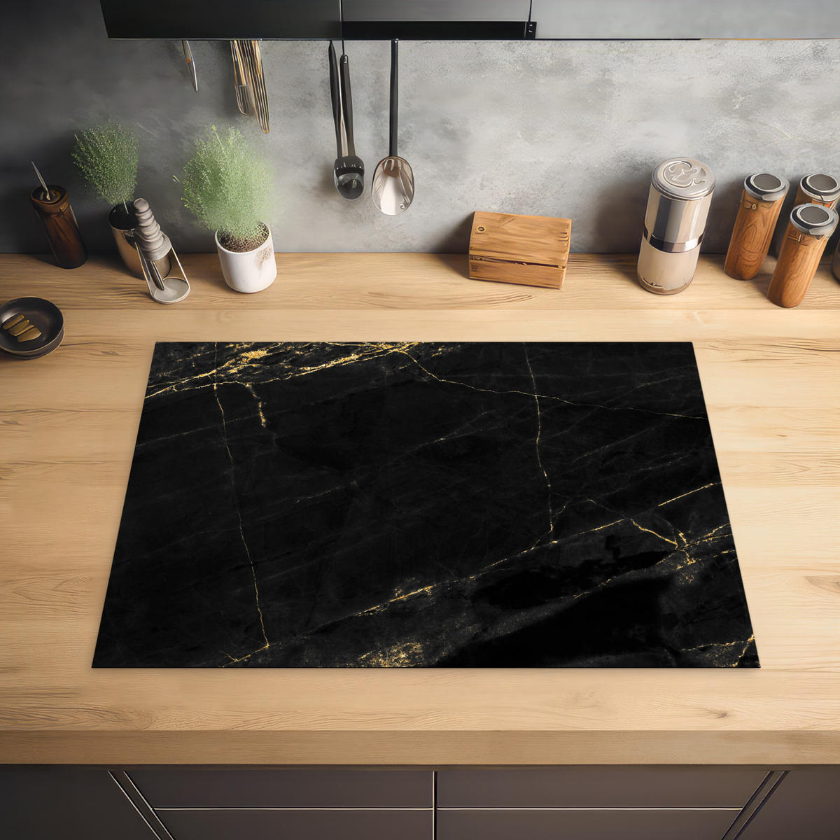 HERDABDECKPLATTE Marmor - Schwarz - Gold - Chic - Marmoroptik - Design Herdabdeckung Induktionsfeld 75x52 cm - Schwarz, Kunststoff (75/52/0.2cm) - MuchoWow
