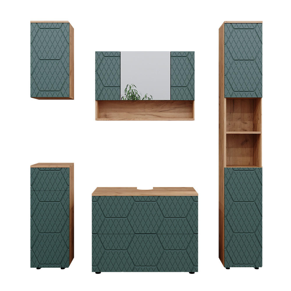 BADMÖBEL-SET Irma Grün 5 Teile - Eiche Wotan/Grün, Holzwerkstoff (80/58.6/41cm) - Vicco