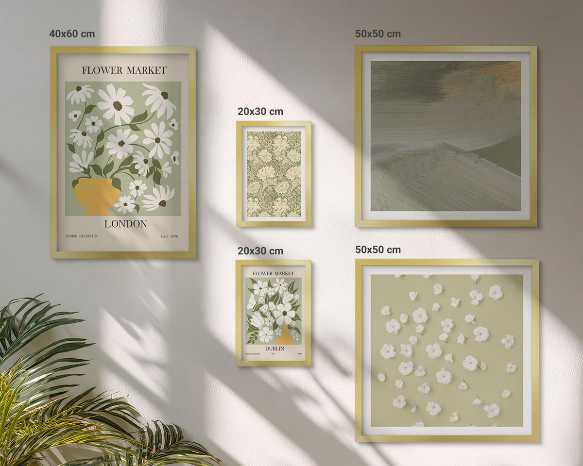 BILDER SET 5er Set - 50x50 cm & 20x30 cm & 40x60 cm Goldrahmen - Florale Abstraktionen im Boho-Stil - Goldfarben, Kunststoff (40/60cm) - TULUP