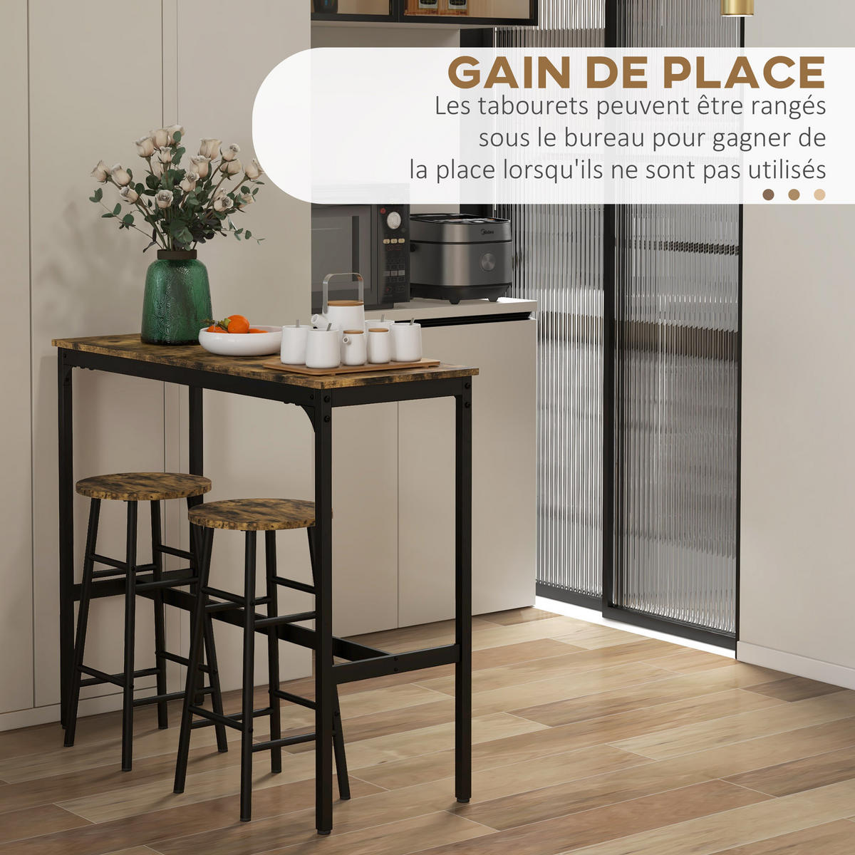 BARTISCH-SET DE-14745 2 Hocker mit Fußstütze & Holzdekor Schwarz/Akazie - Braun, Holzwerkstoff (105/40/90cm) - ComfortXL