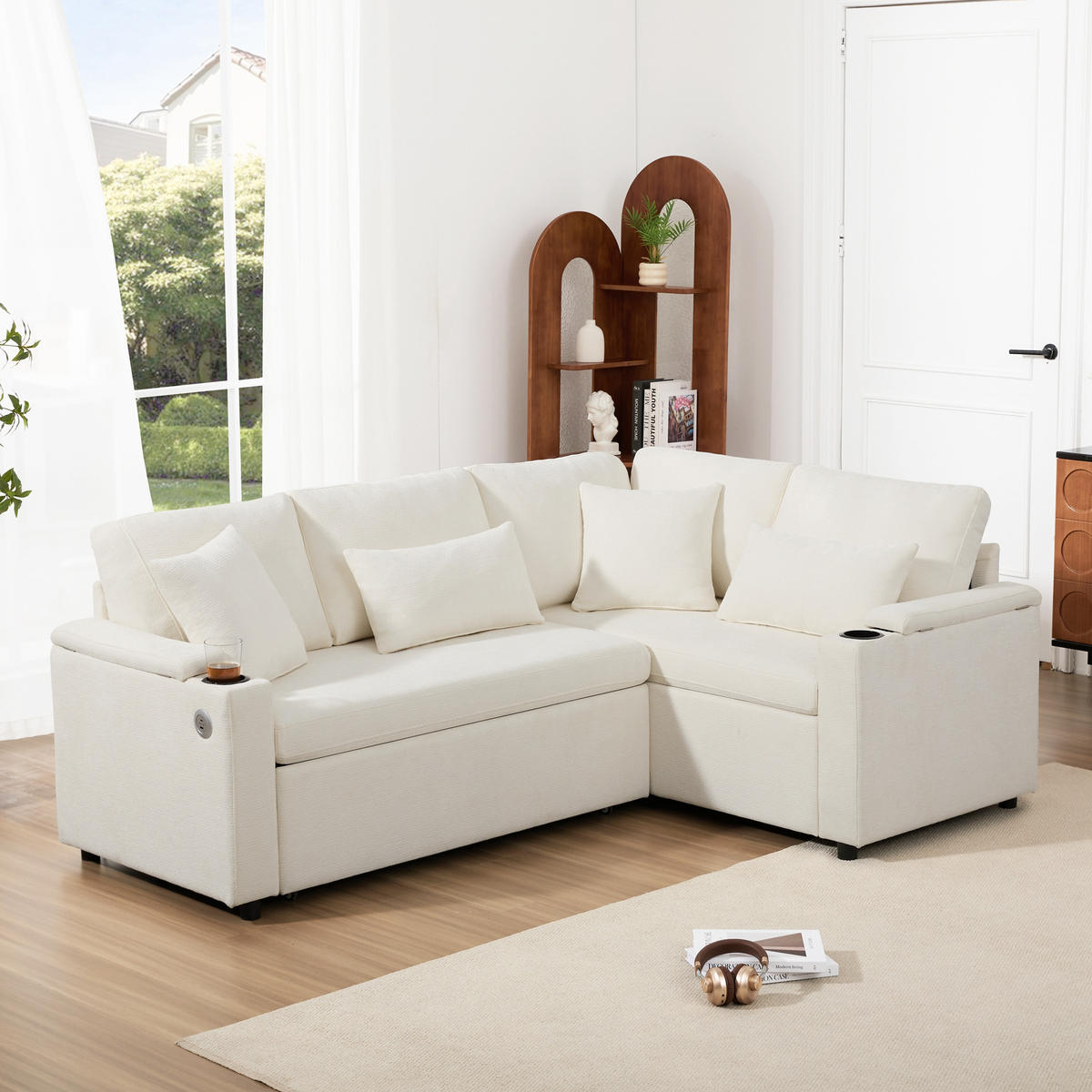 ECKSCHLAFSOFA 206.5/141/86 cm Beige mit Stauraum, Getränkehalter, USB-Ladeanschluss und Armlehnenablage - Beige, Textil (206.5/141cm) - Oxeza